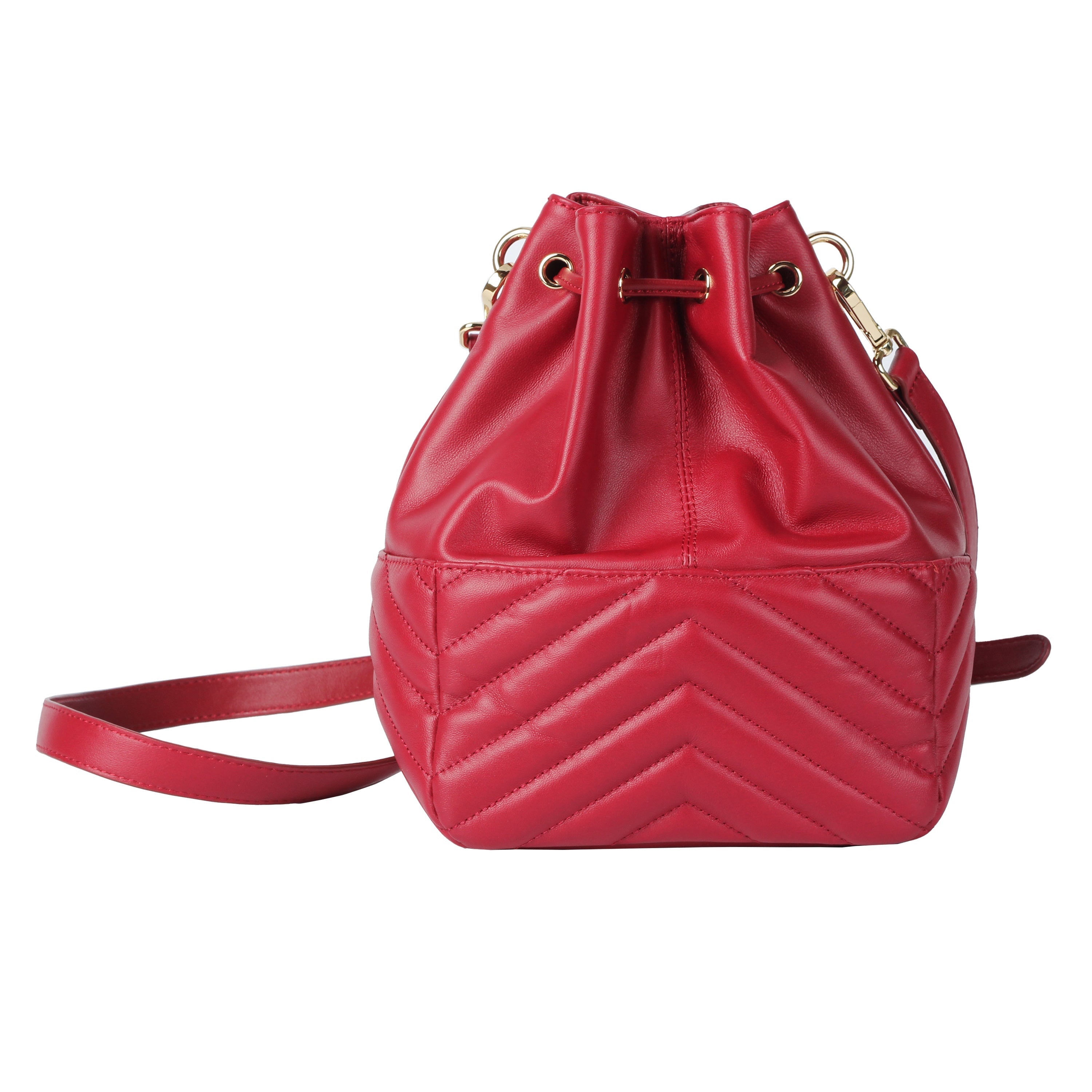 Front view of red soft lambskin bucket bag with striped embroidery and drawstring closure