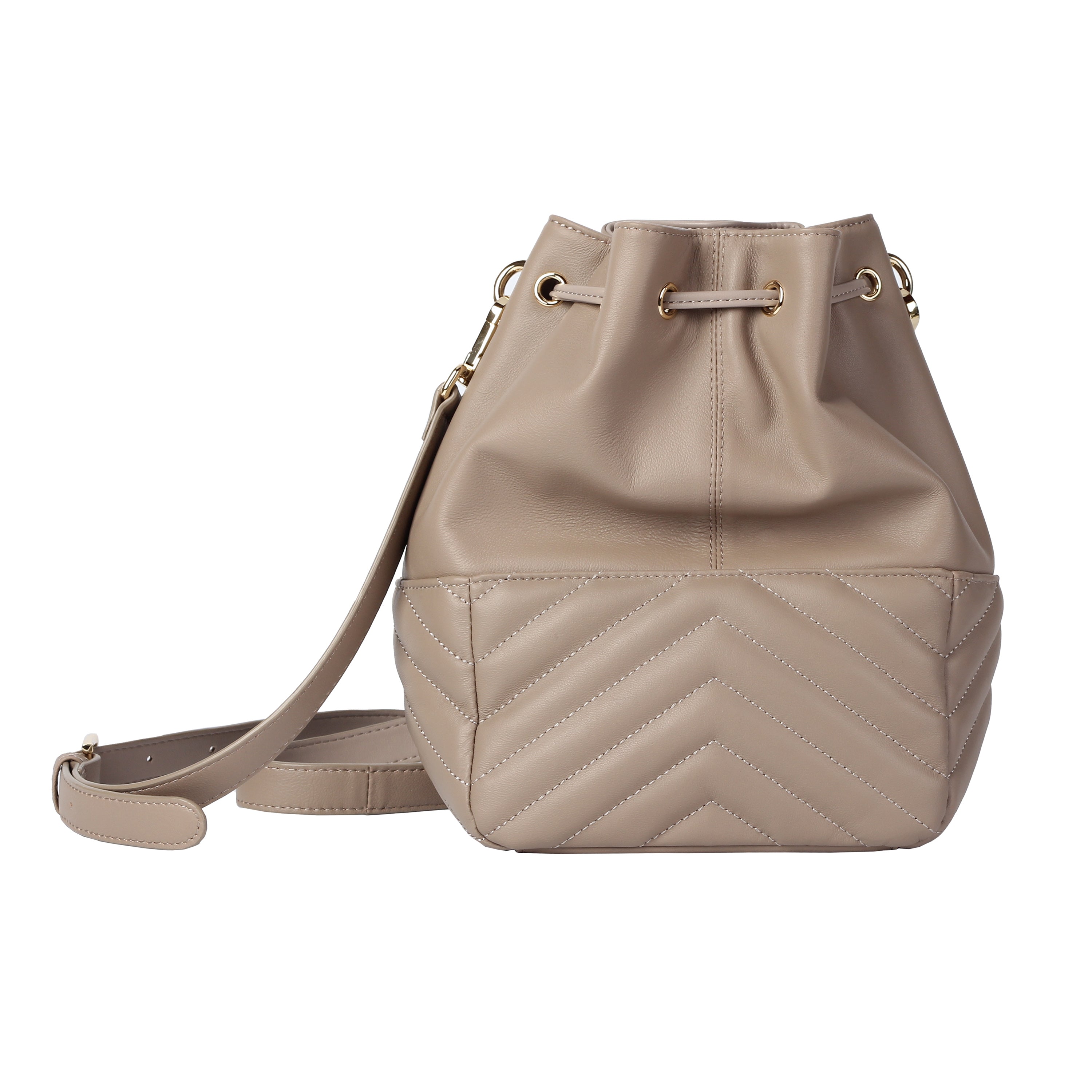 Front view of taupe soft lambskin bucket bag with striped embroidery and drawstring closure