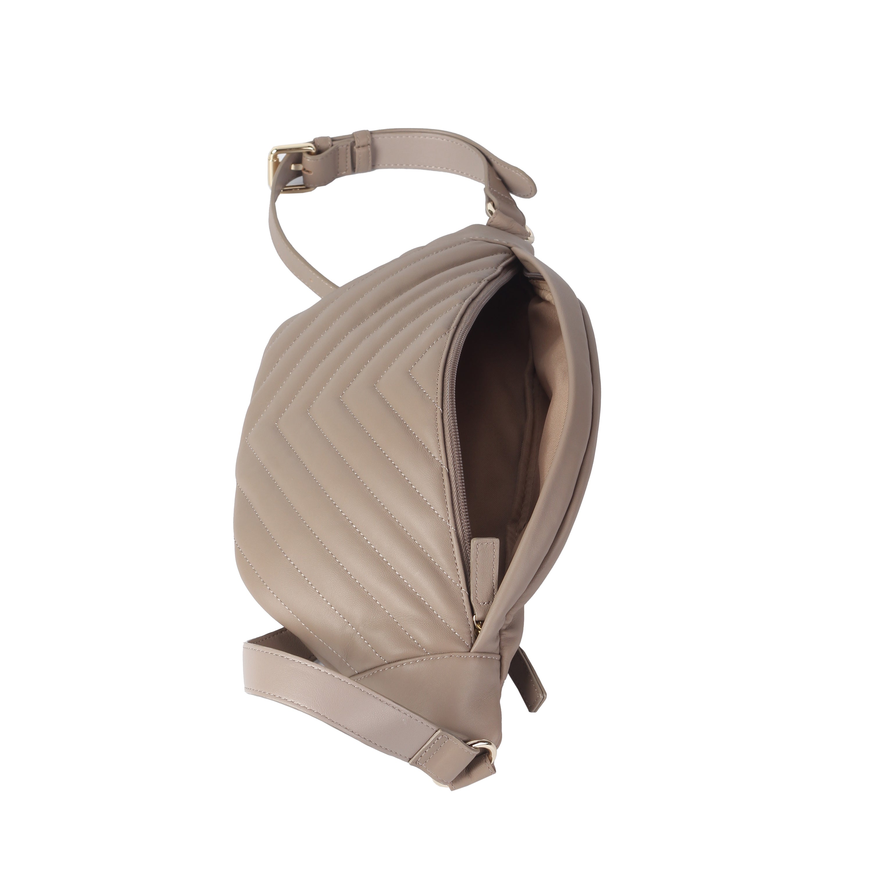 Detail of taupe embroidered lambskin belt bag showing fine stitching