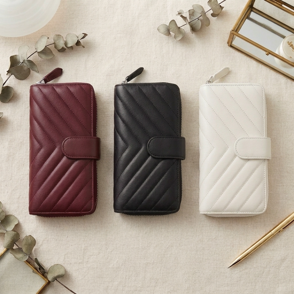 Three quilted zip-around lambskin leather wallets in burgundy, black, and off-white