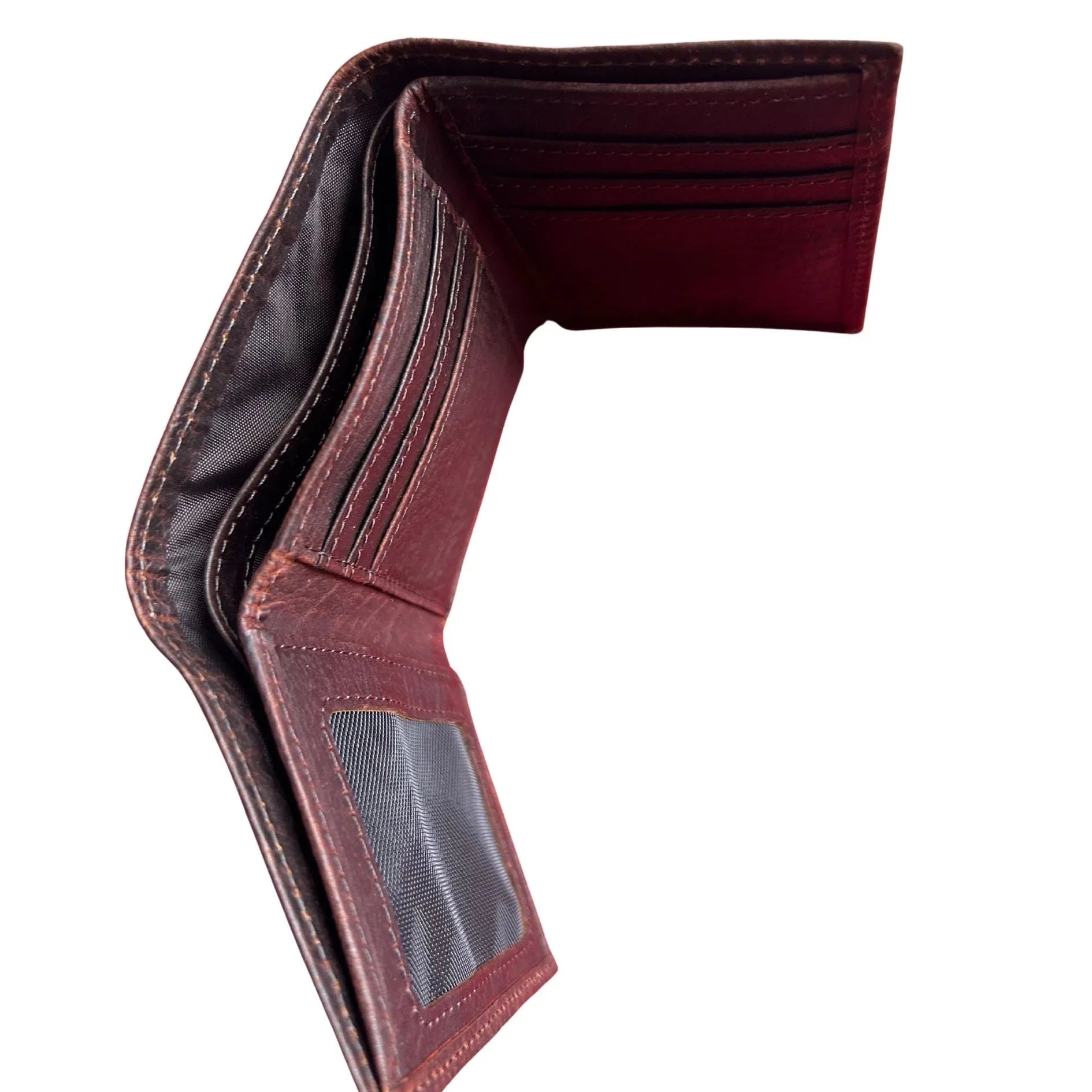 Open trifold leather wallet showing ID window and card slots