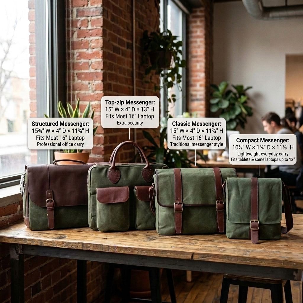 Four waxed canvas & leather messenger bags in different sizes and colorways (brown leather, olive green waxed canvas)