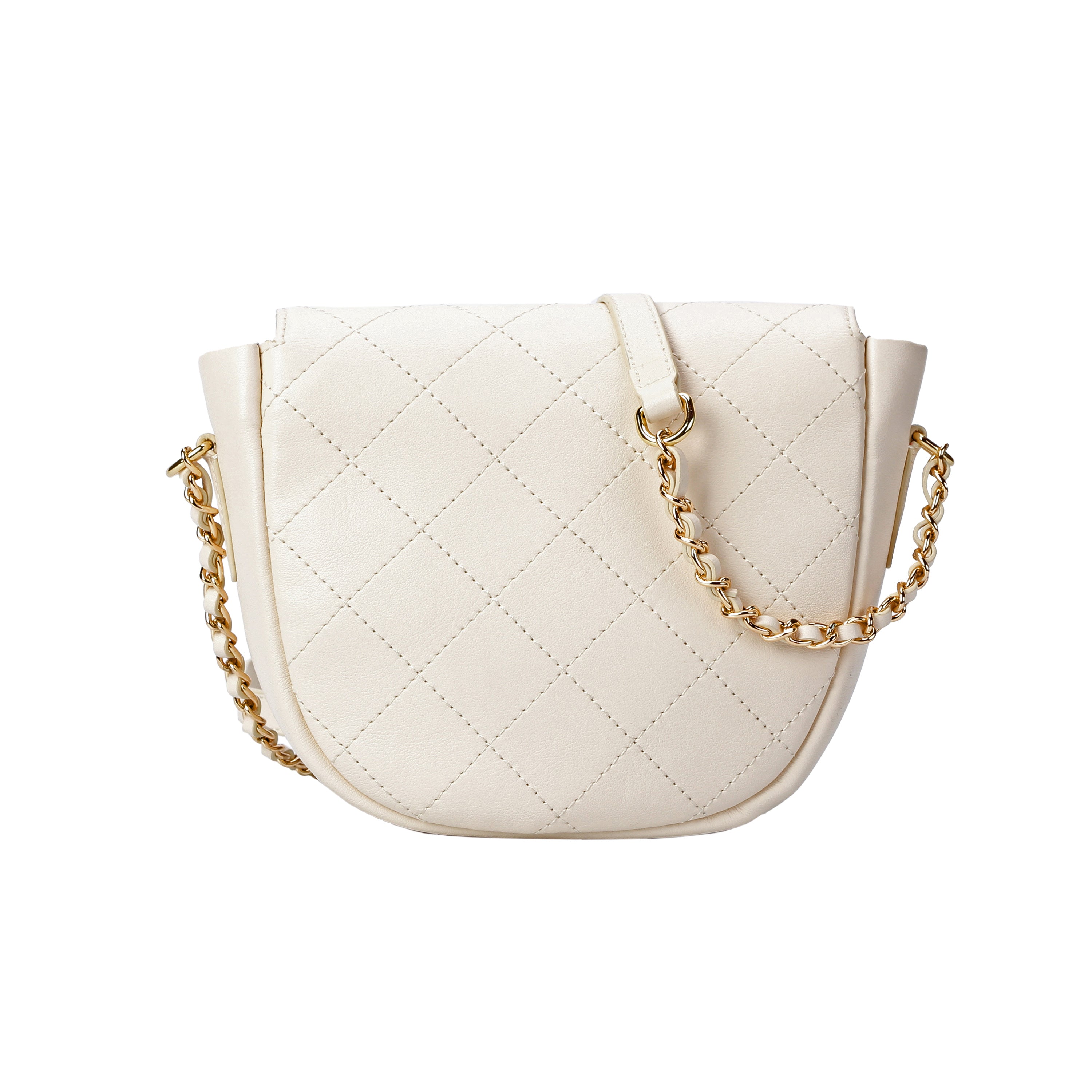 Back view of white quilted leather crossbody bag with diamond stitching