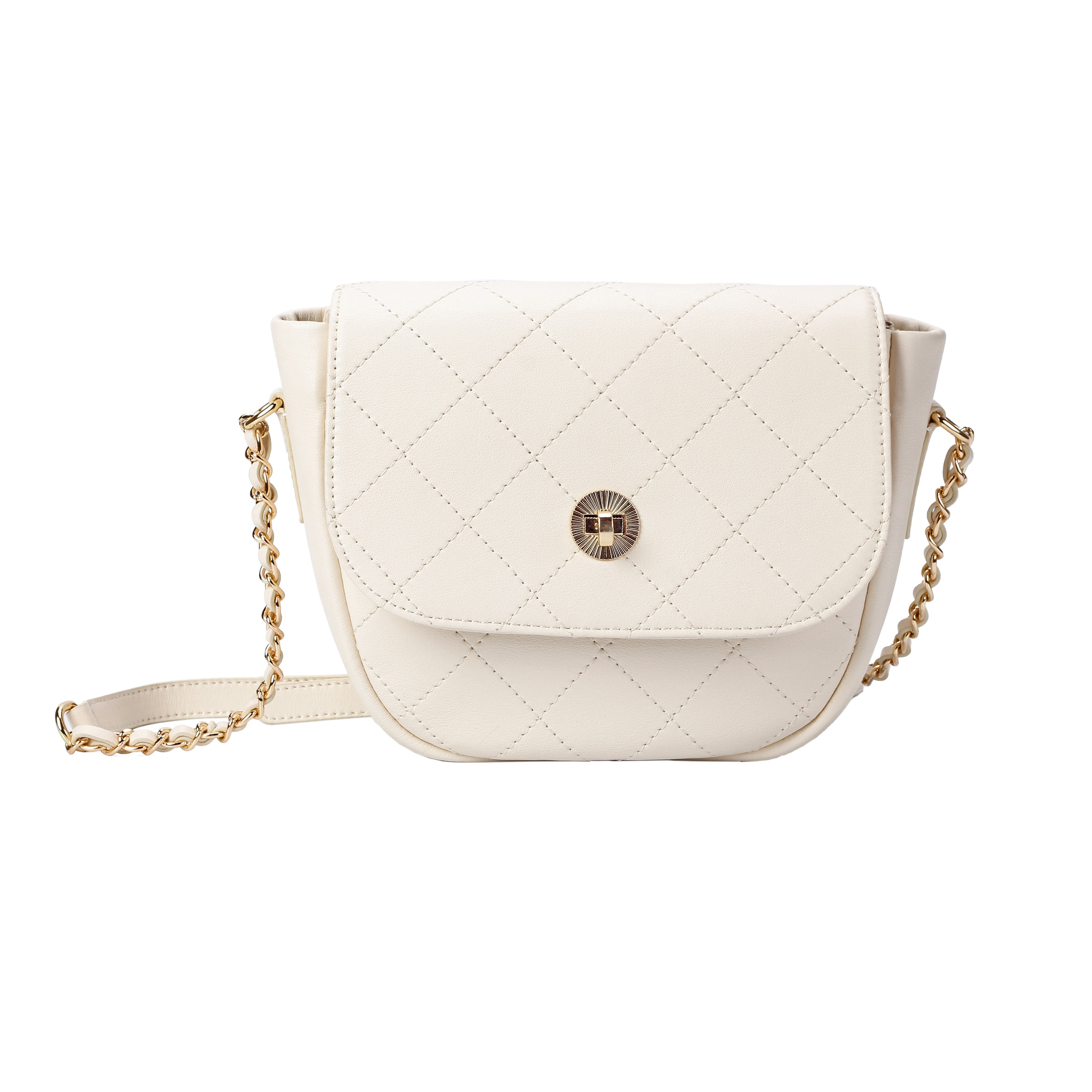 Front view of white quilted leather crossbody bag with gold chain strap