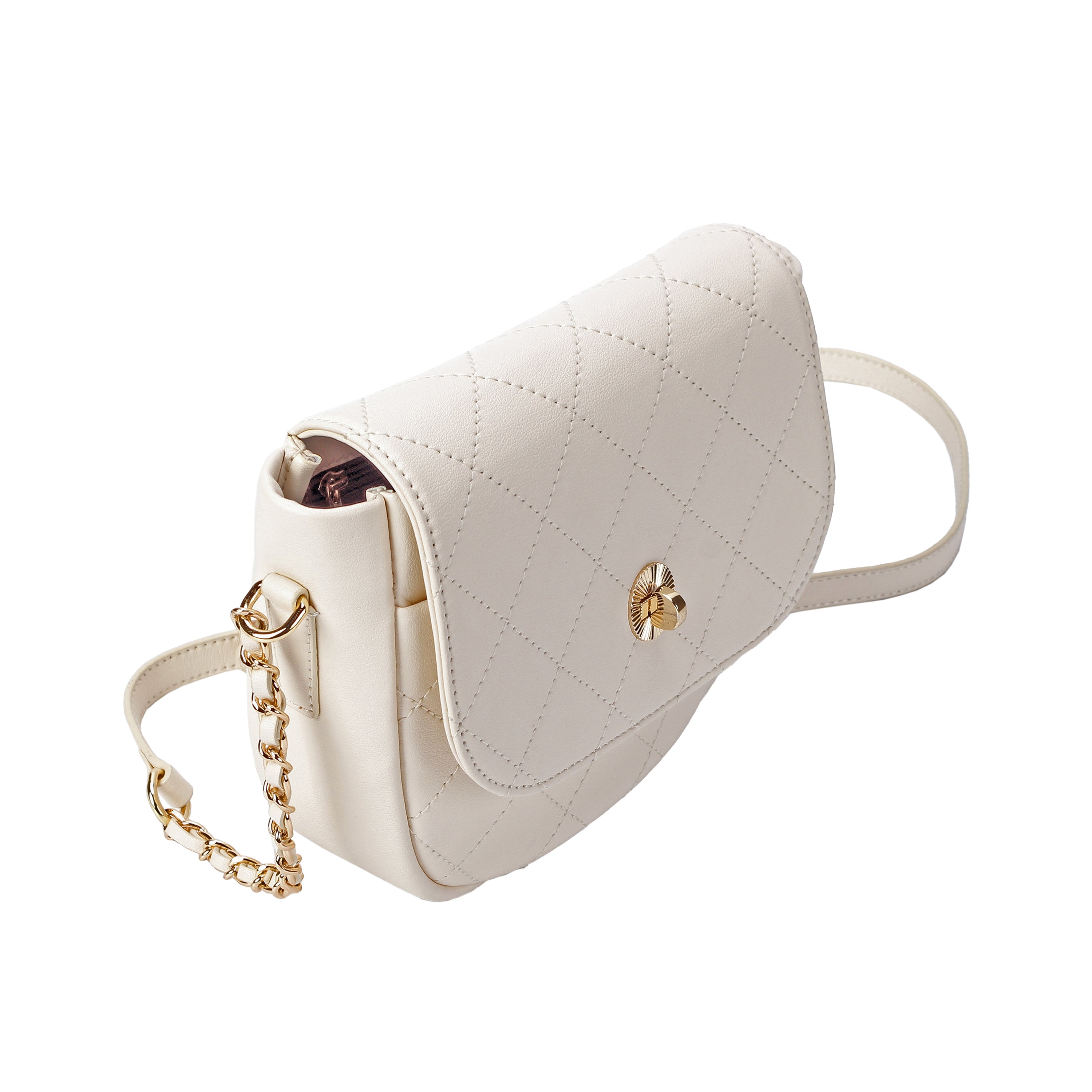 Side view of small white quilted leather bag with gold hardware
