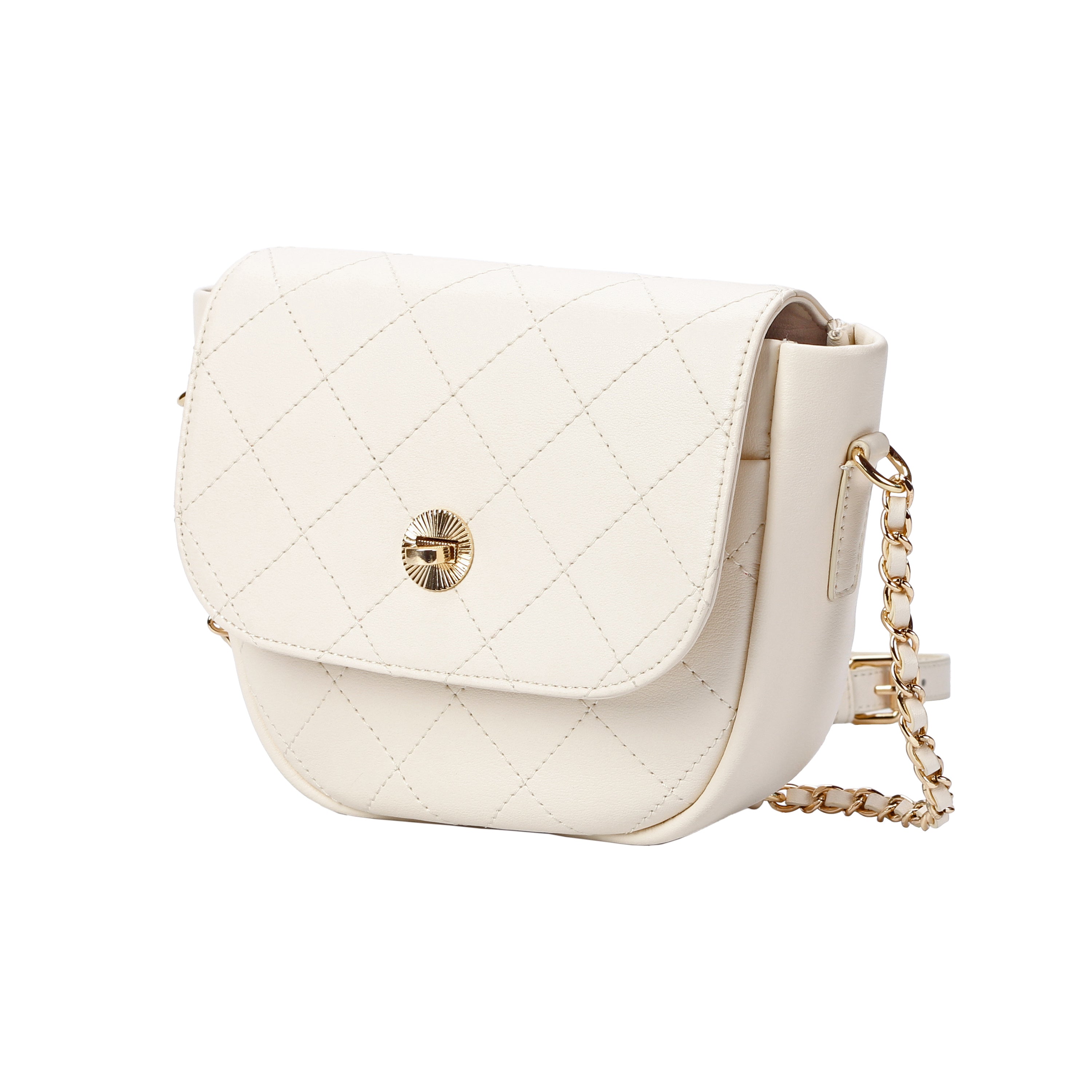 Top angle of white flap quilted crossbody bag with gold chain strap