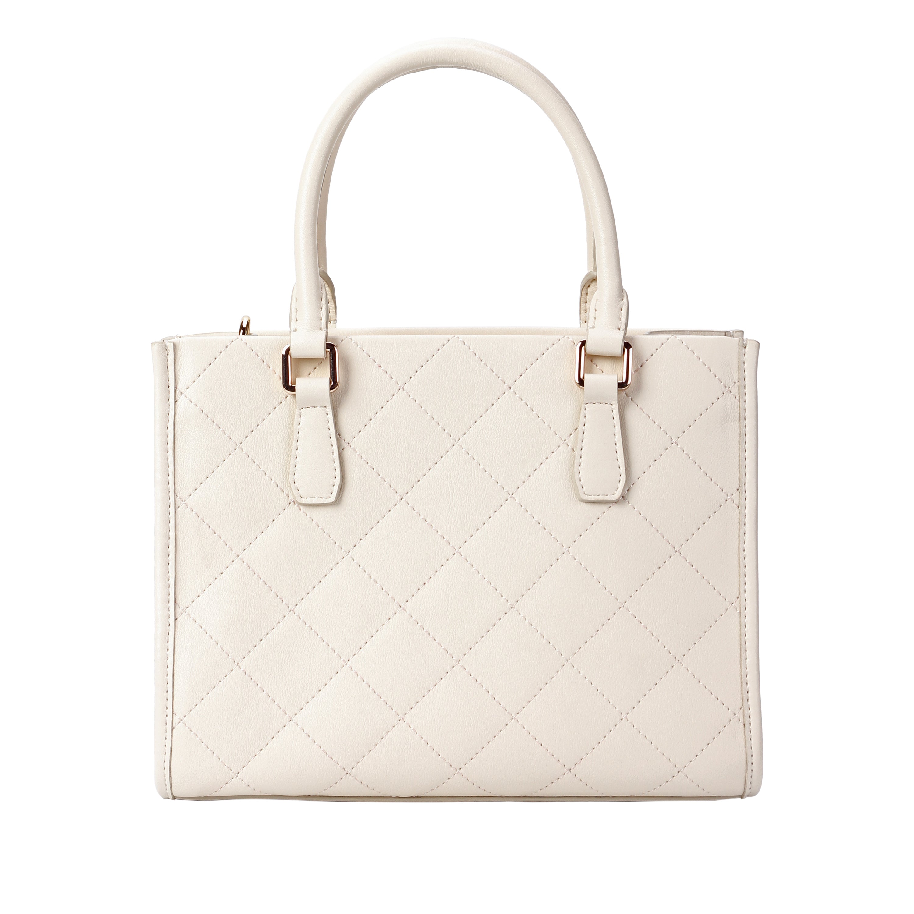 Front view of white quilted leather handbag with detachable strap