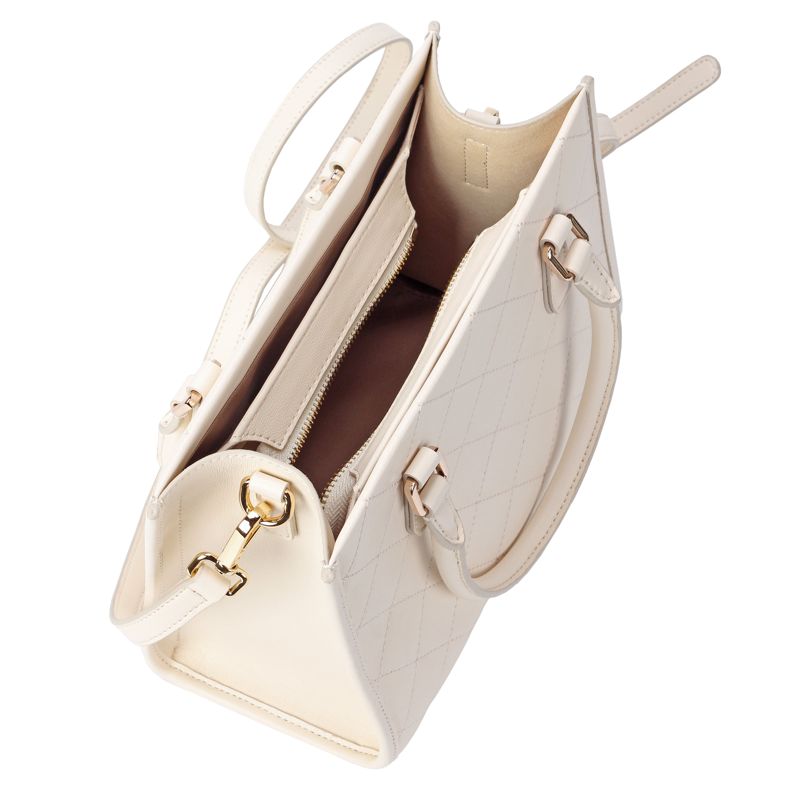 Top open view showing interior compartments of white leather tote bag