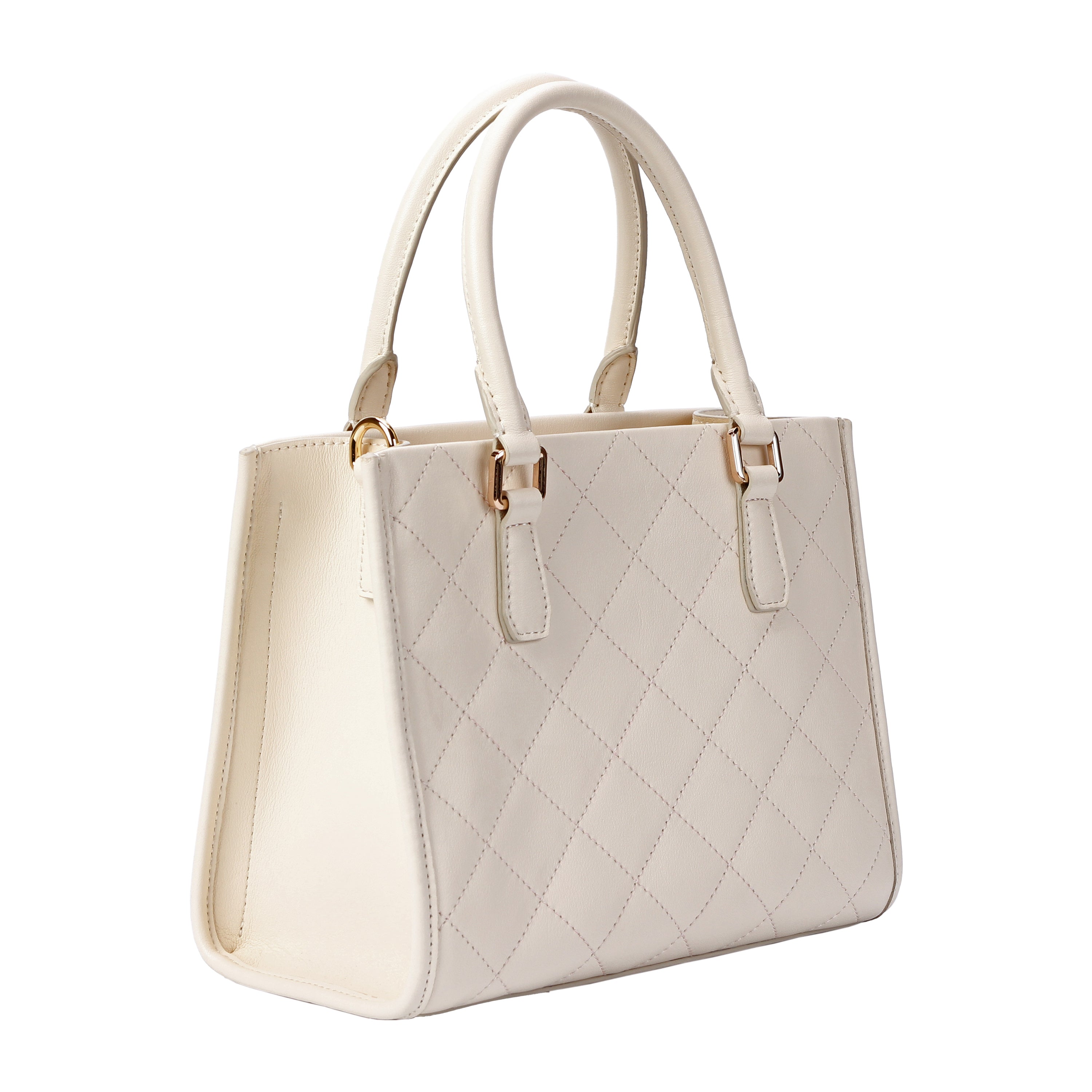Angled side view of white quilted leather tote crossbody bag with gold hardware
