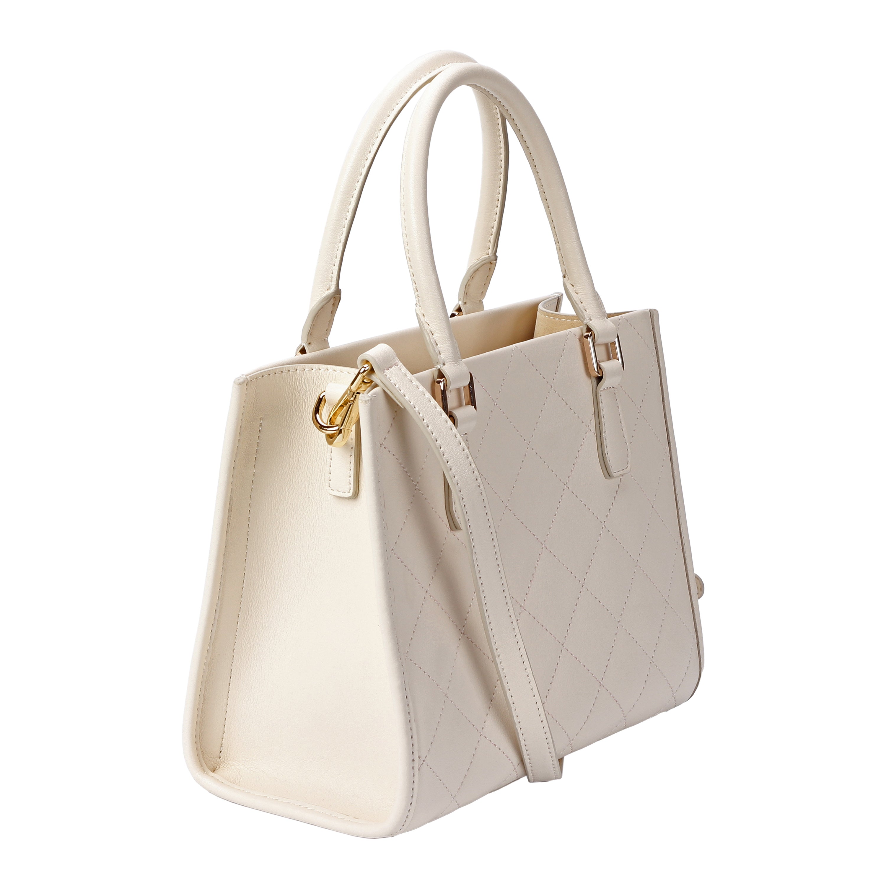 The second angled side view of large white leather tote with quilted pattern