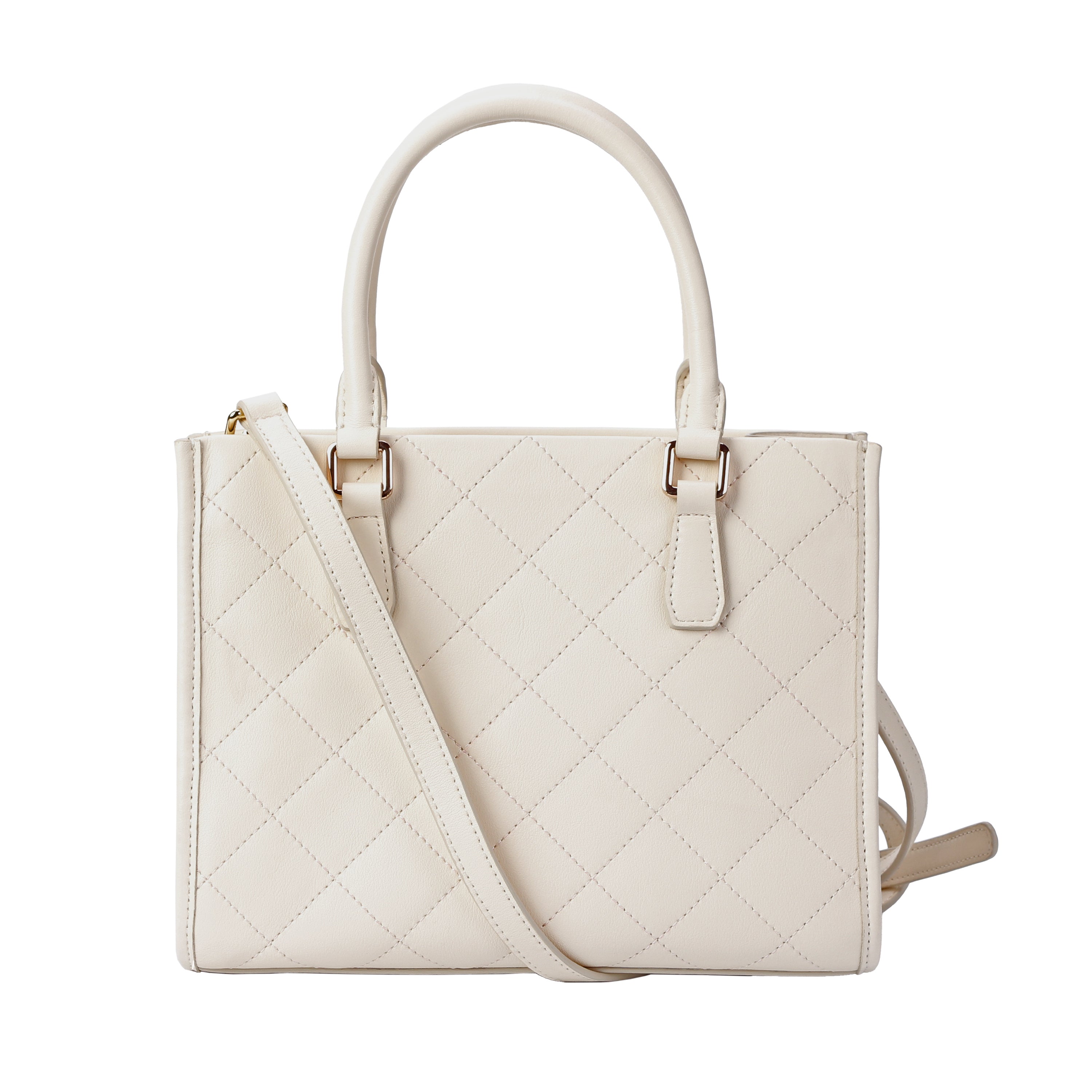 Strap and handle details of white quilted leather crossbody bag