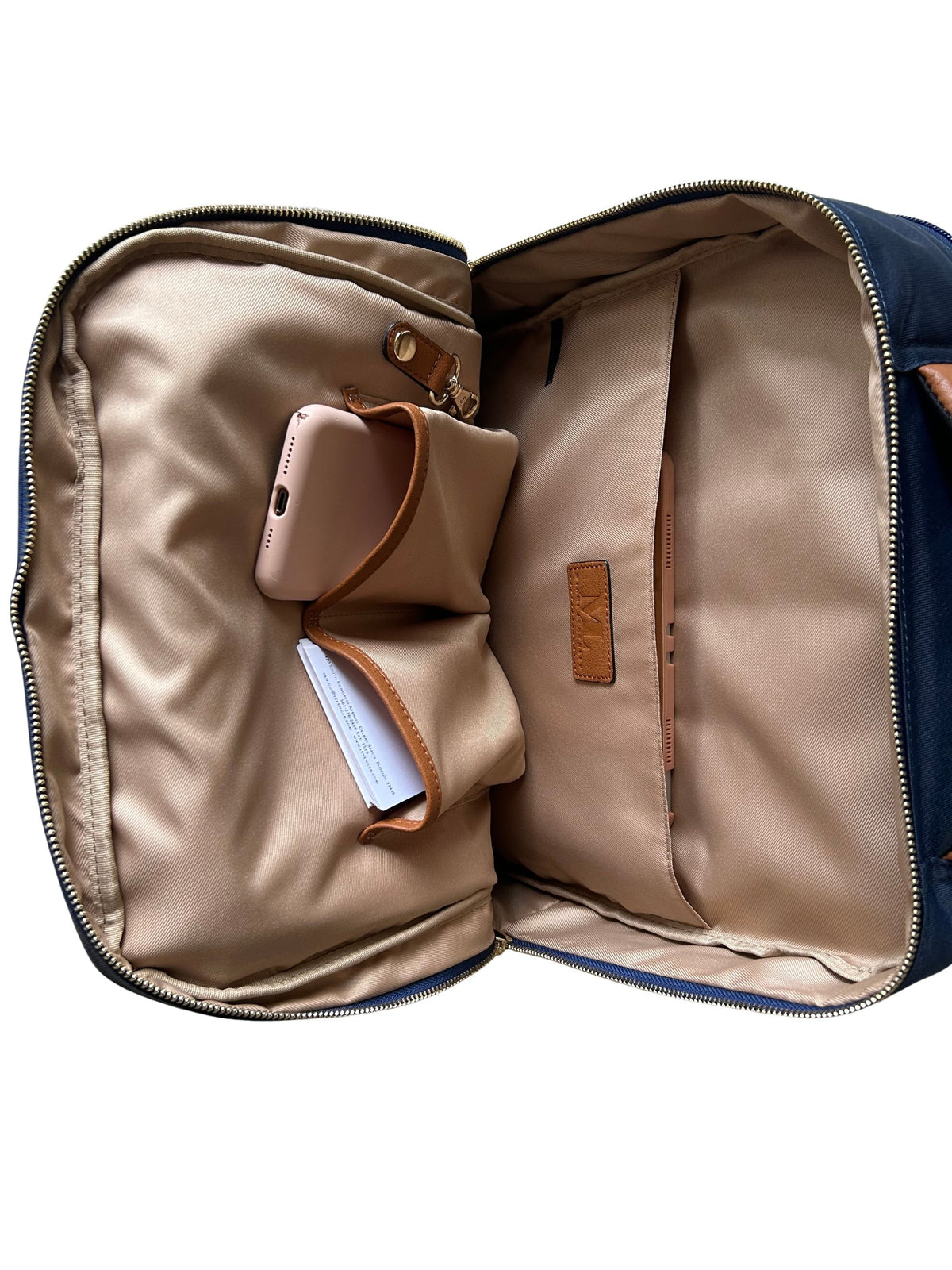 16-inch nylon laptop backpack main compartment with iPad pocket, organizer pockets and removable keychain