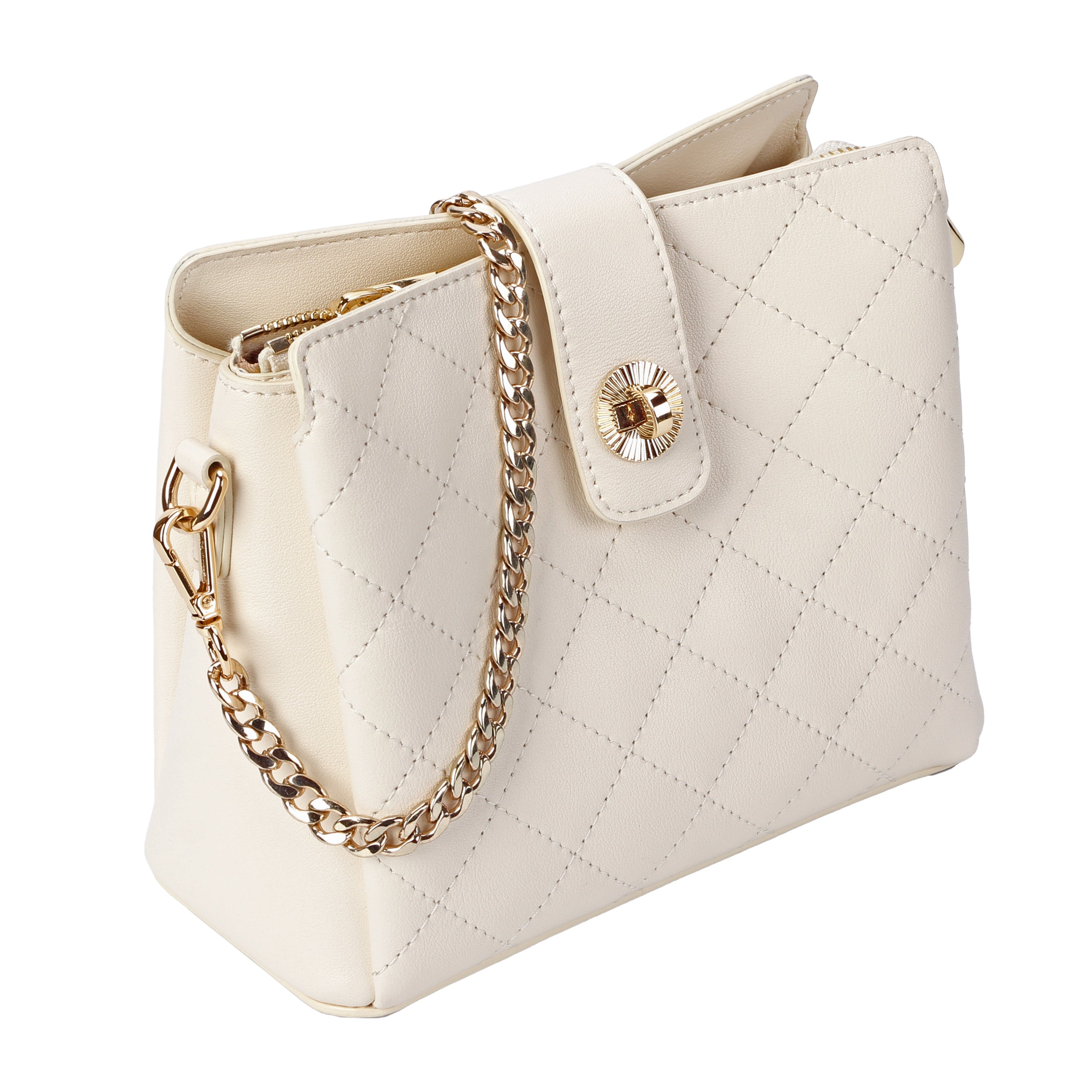 Close-up of gold chain and adjustable leather strap on ivory crossbody bag