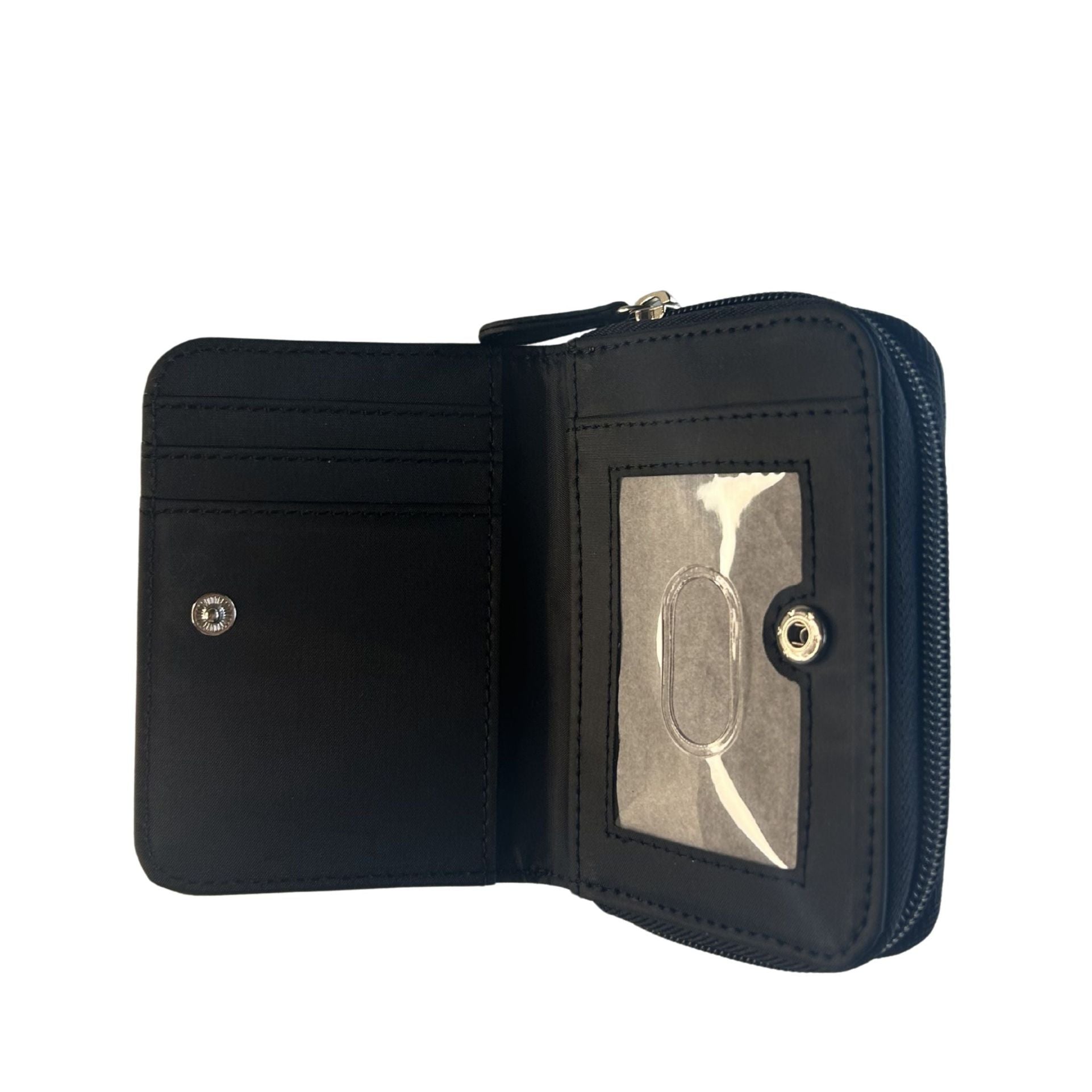A black lampskin zip-around wallet shown open, displaying its interior card slots, a clear ID window, and silver-tone hardware