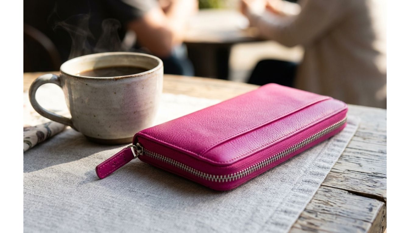 A bright pink leather zip-around wallet lies on a rustic wooden table.