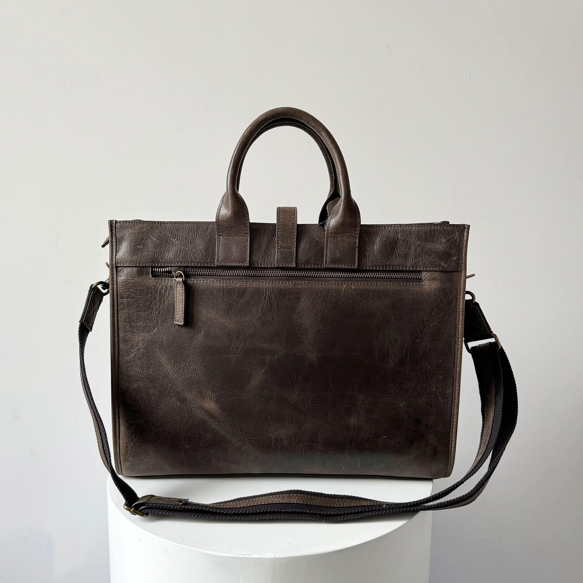 Back View Of  Crazy Horse Full-Grain Leather Briefcase
