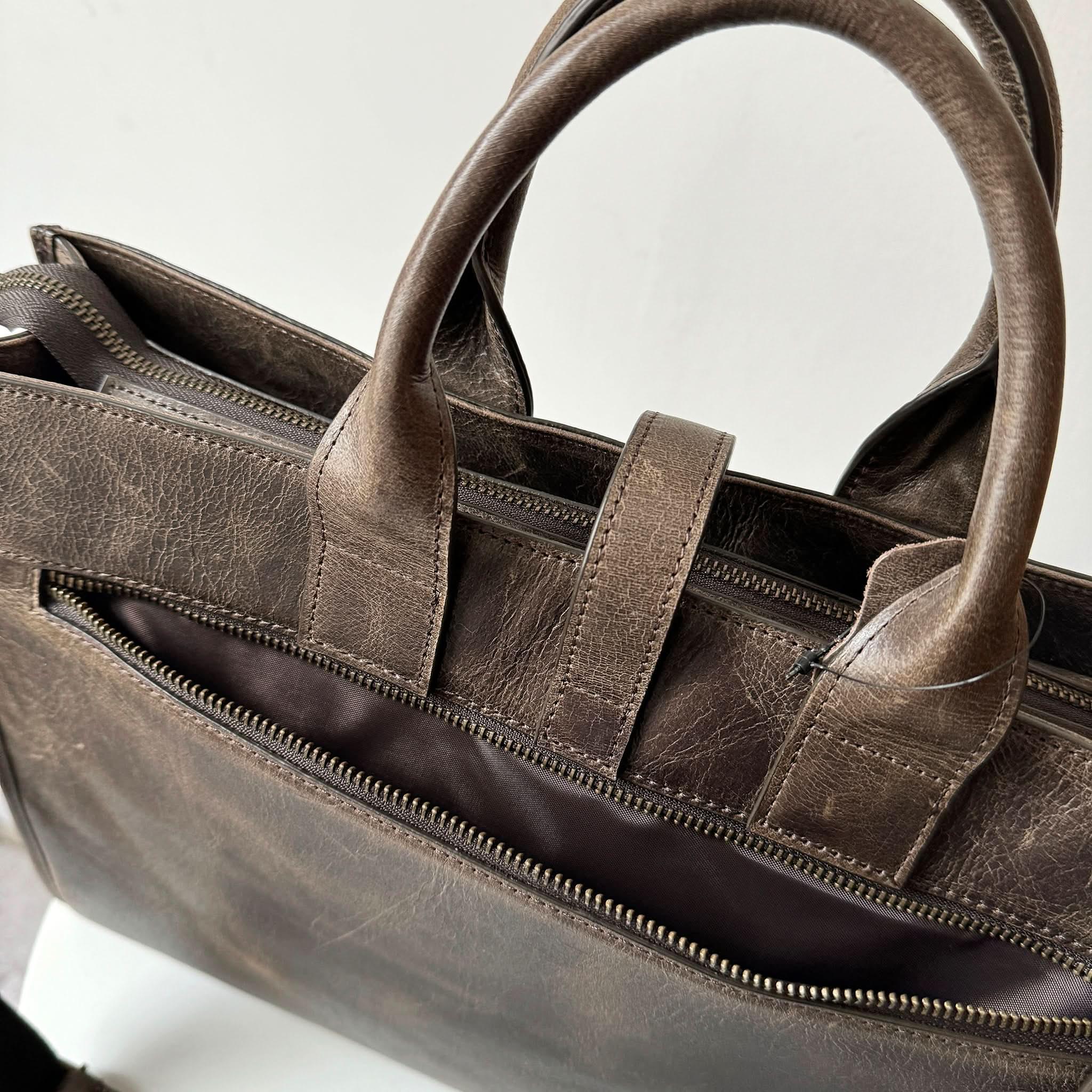 Back Zipper View Of  Crazy Horse Full-Grain Leather Briefcase
