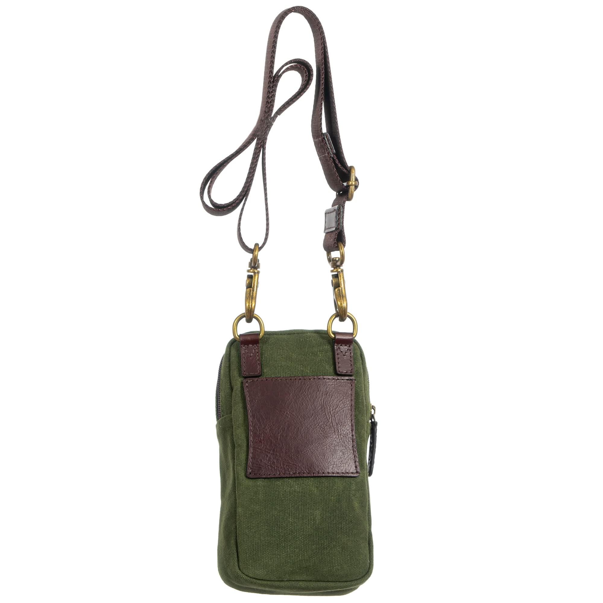 Back view of Maxwell waxed canvas phone pouch with shoulder strap