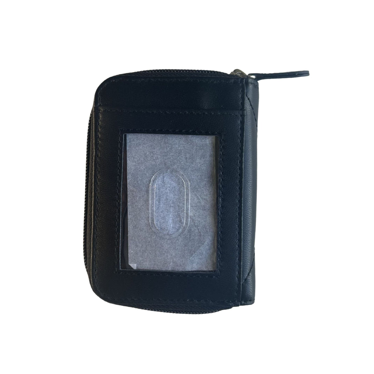 Back view of a black lambslin zippered wallet with an ID window