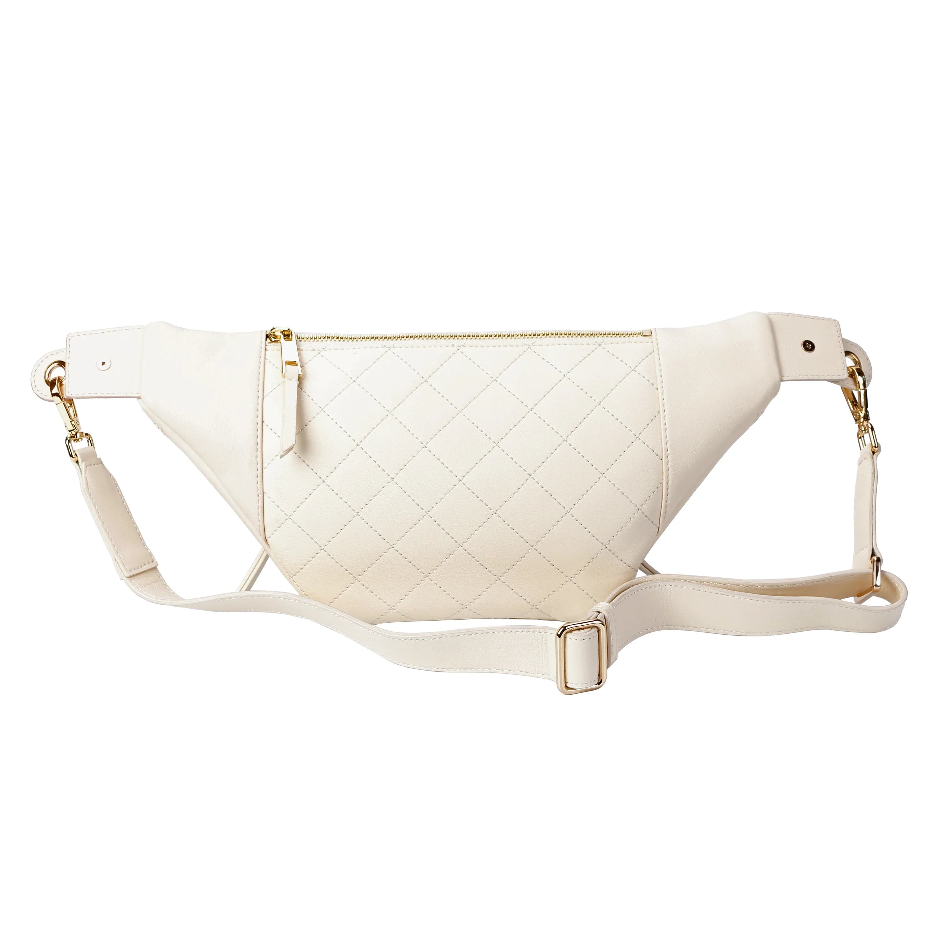 Back view of white quilted leather belt bag with adjustable strap