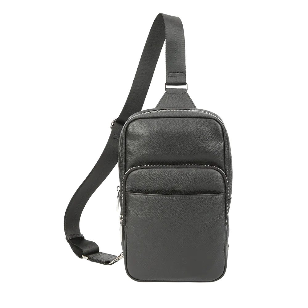 Black full-grain leather sling bag for men with adjustable crossbody strap