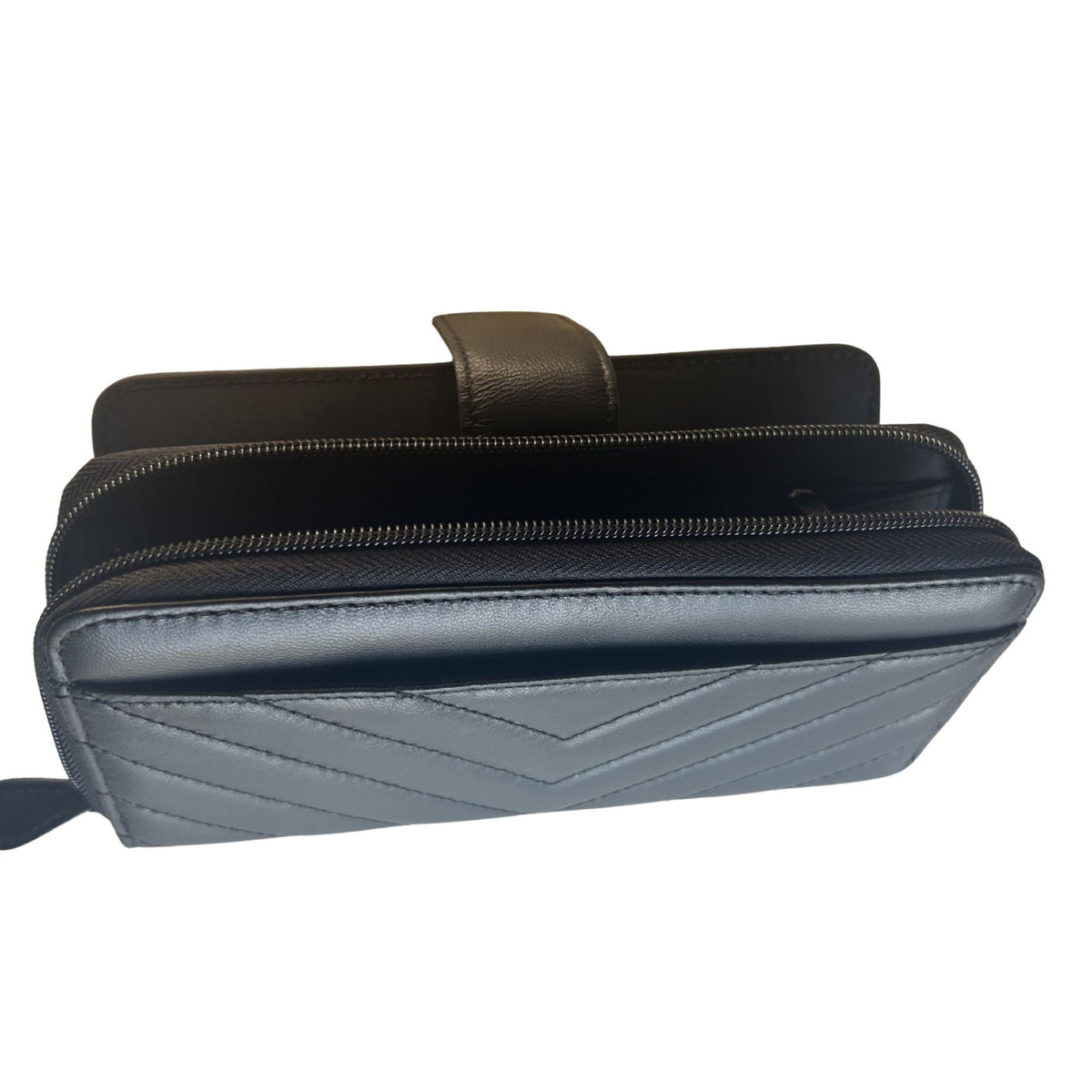 Black lambskin RFID wallet opened to show zip-around compartments and interior organization