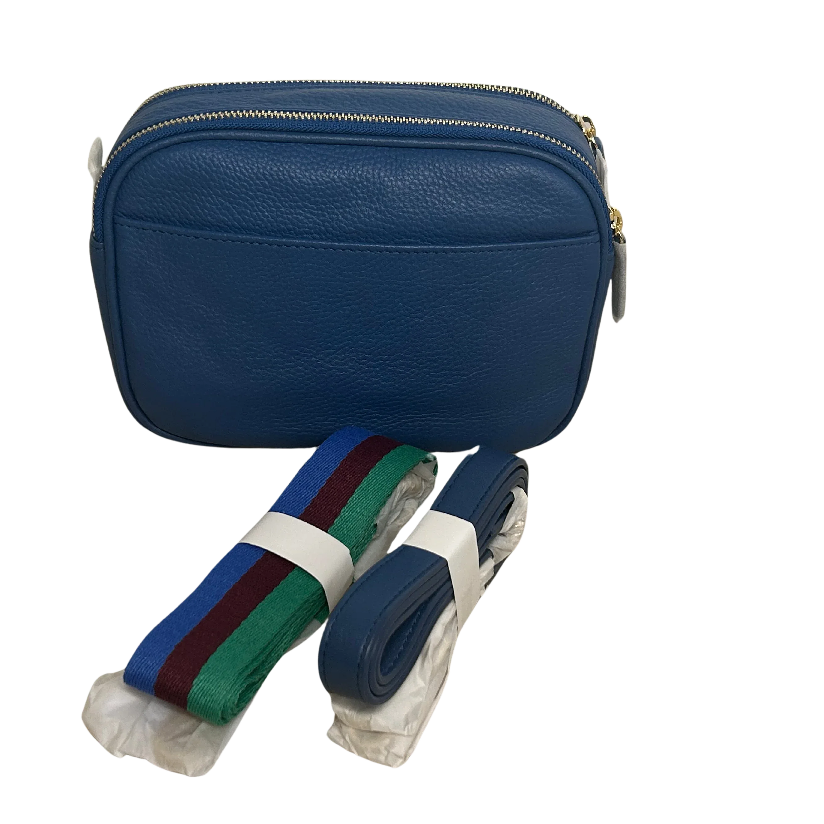 Blue Sophia full-grain leather crossbody bag with woven strap