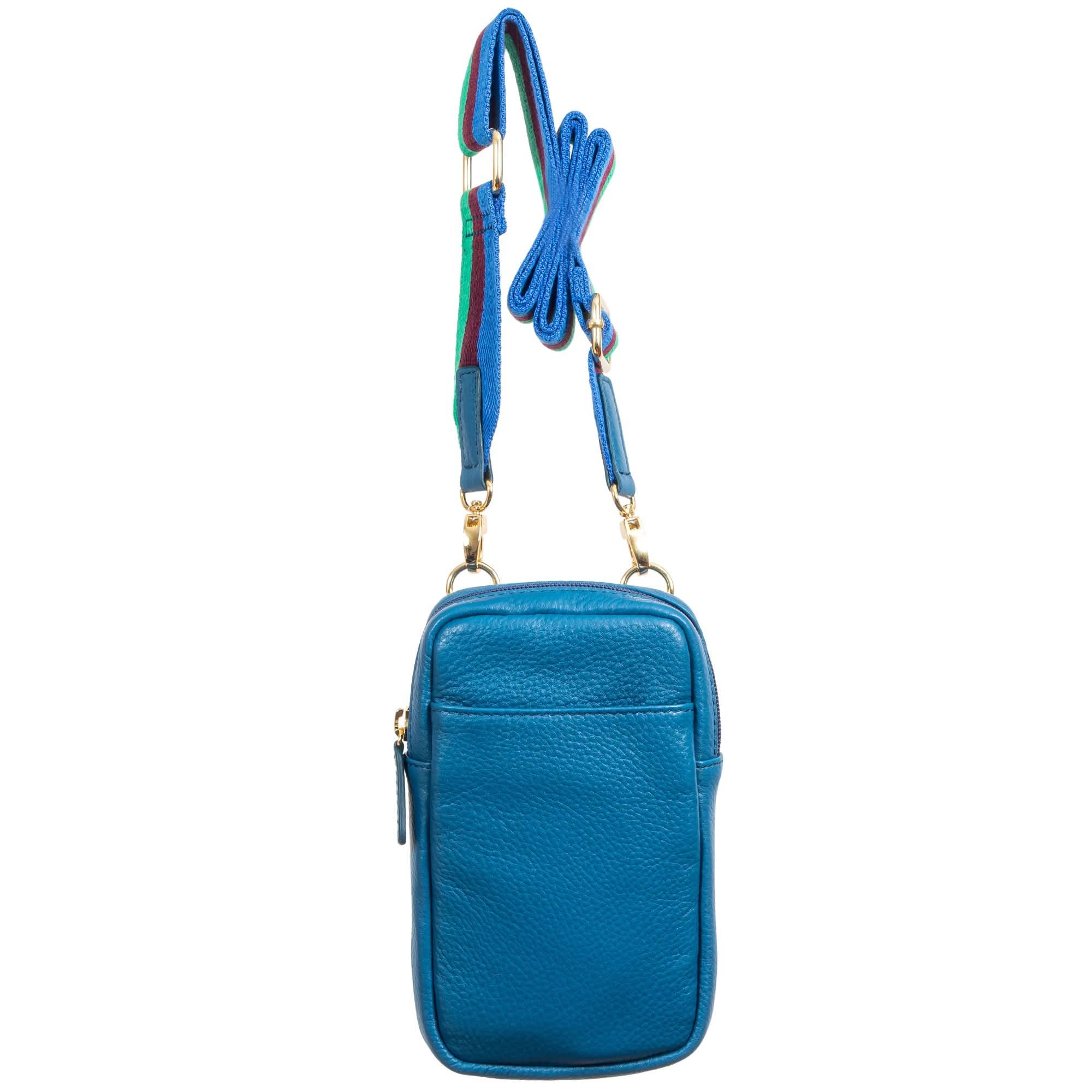 Blue leather phone crossbody bag with green strap and front pocket