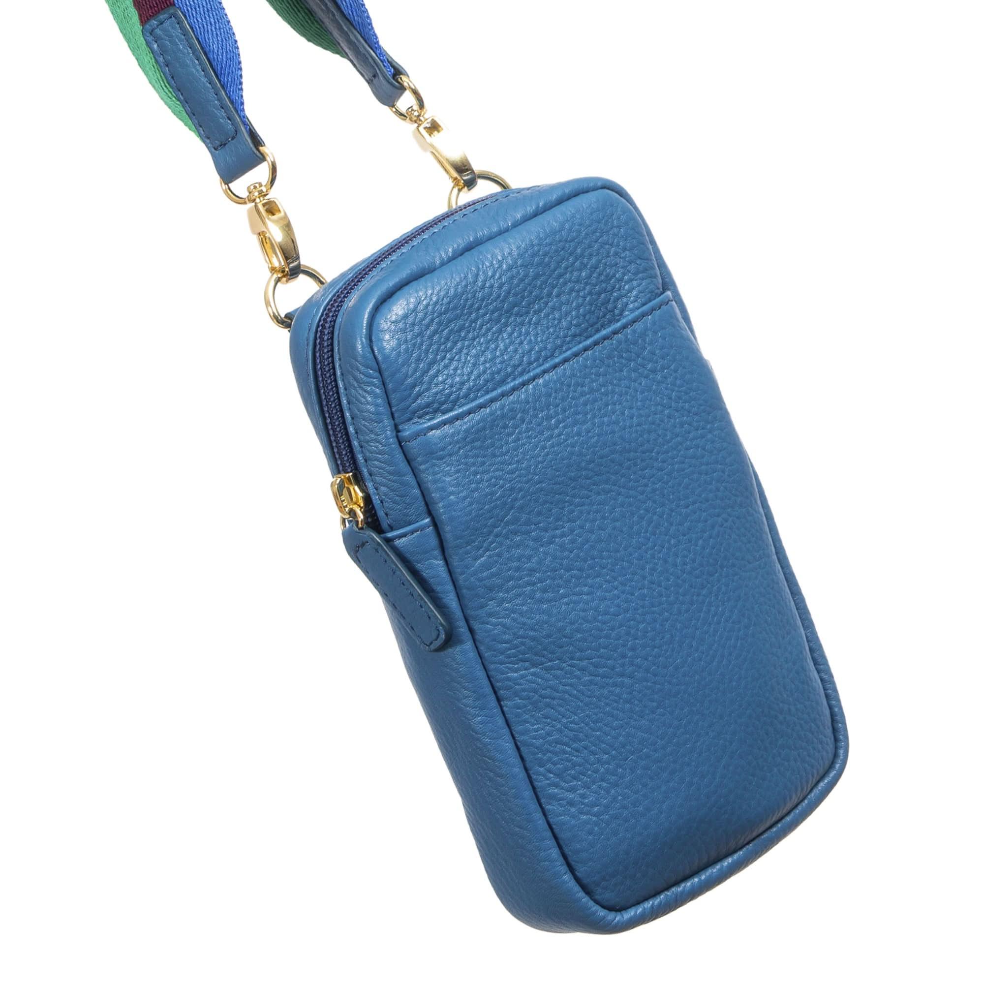 Blue leather phone crossbody bag with zip closure