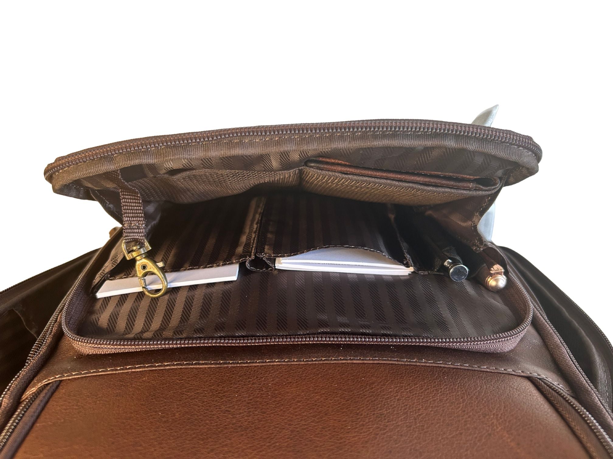 Cambridge 16-inch leather laptop backpack front organizer compartment with accessory pockets, key clip, pen loops and card storage