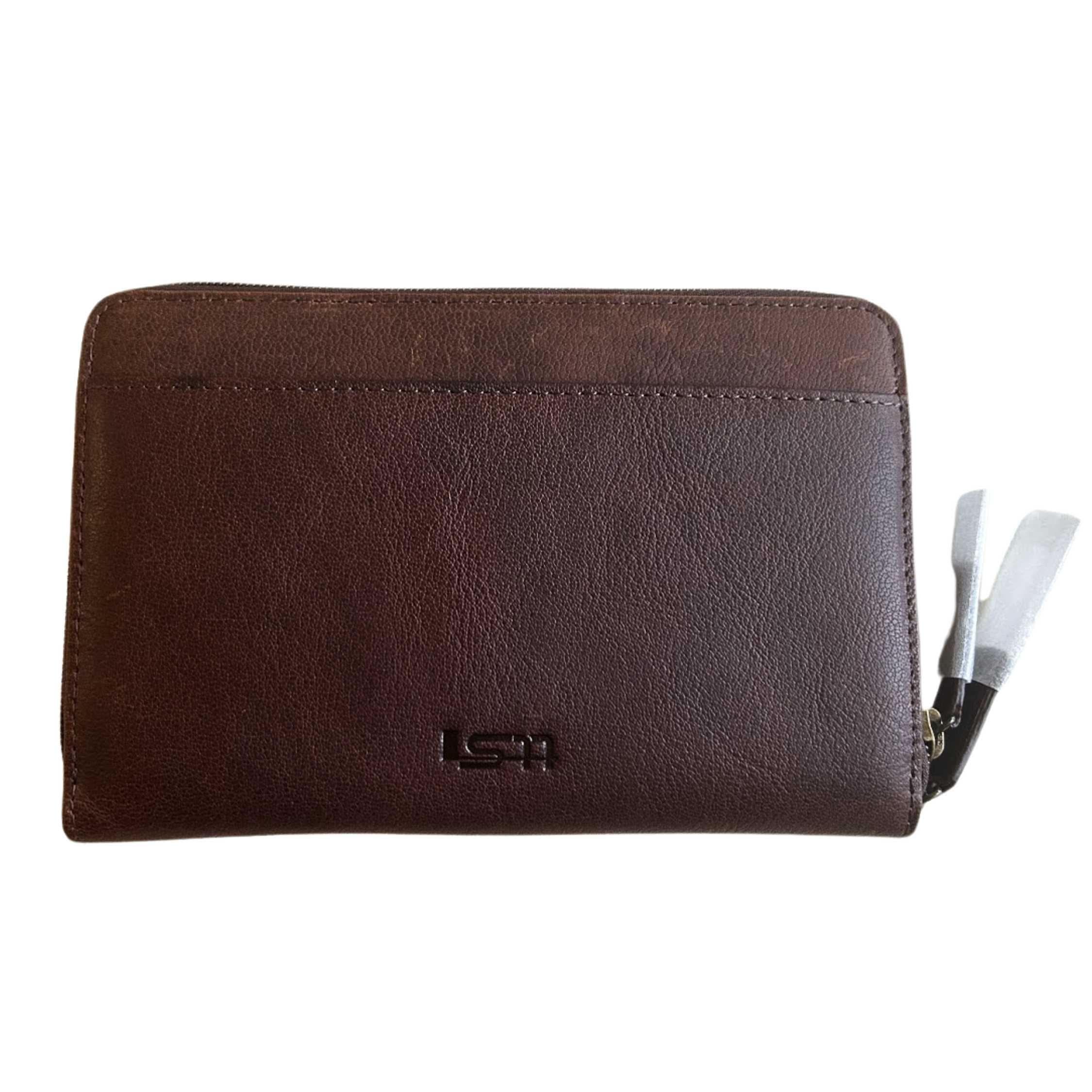 Cambridge full-grain leather double-zip wallet in dark brown