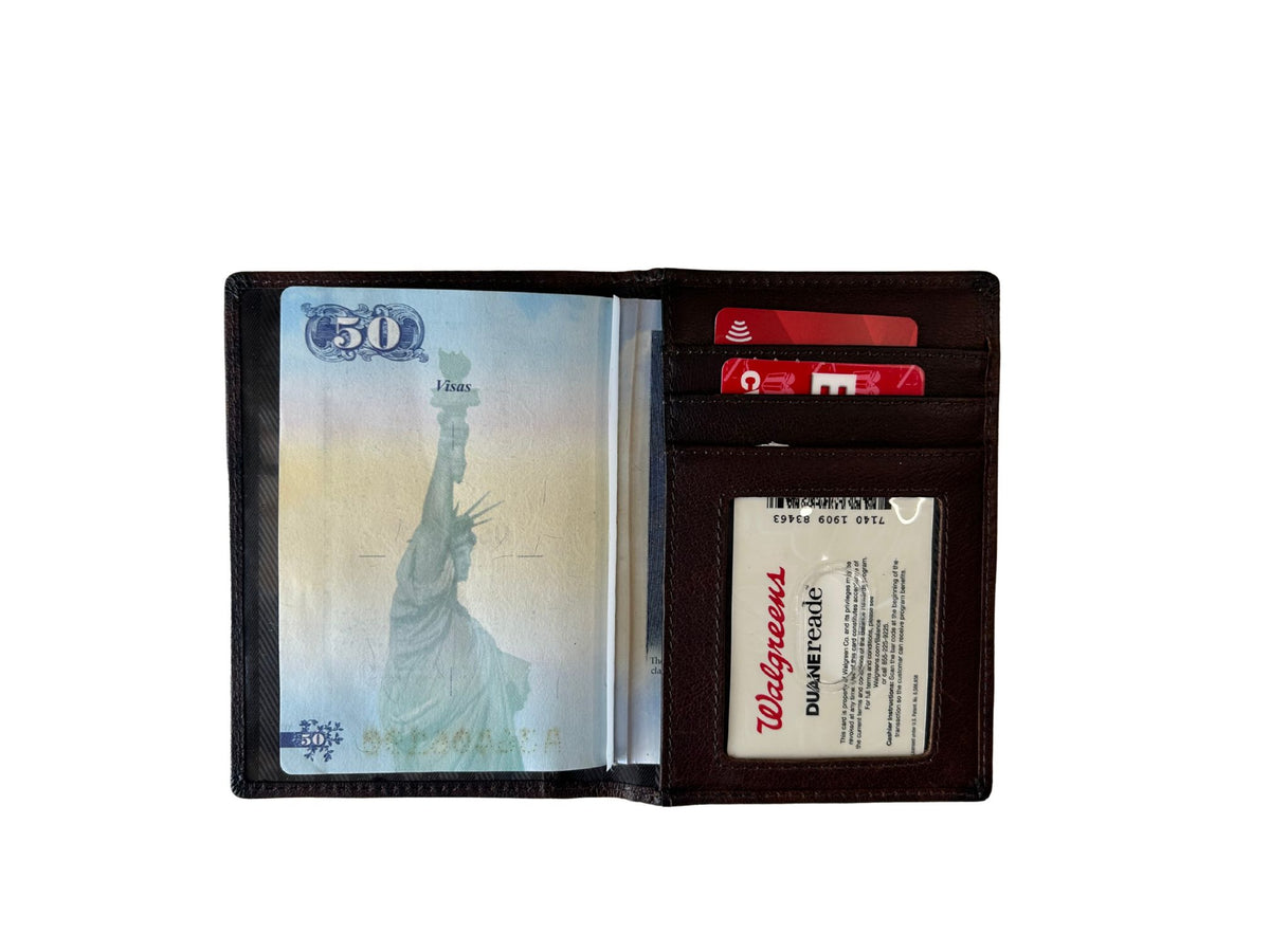 Cambridge full-grain leather passport cover open with passport, card slots and clear ID window