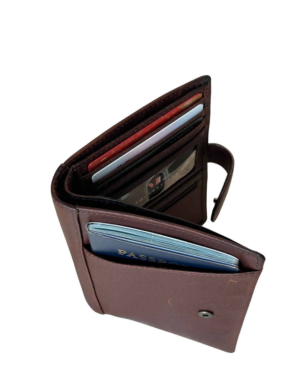 Cambridge full-grain leather passport travel wallet with passport pocket, card slots and snap closure