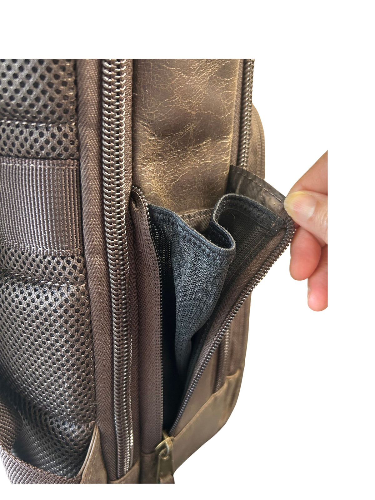 Crazy Horse full-grain leather backpack small side zippered quick-access pocket