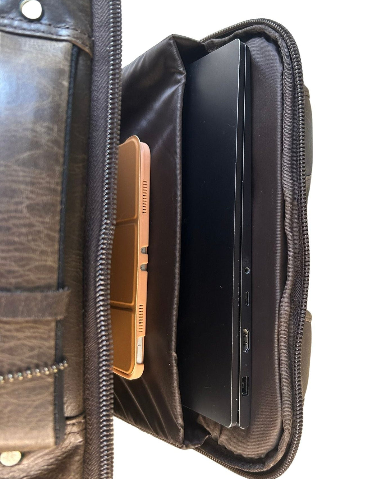 Crazy Horse leather backpack padded laptop and iPad compartment with separate device pockets