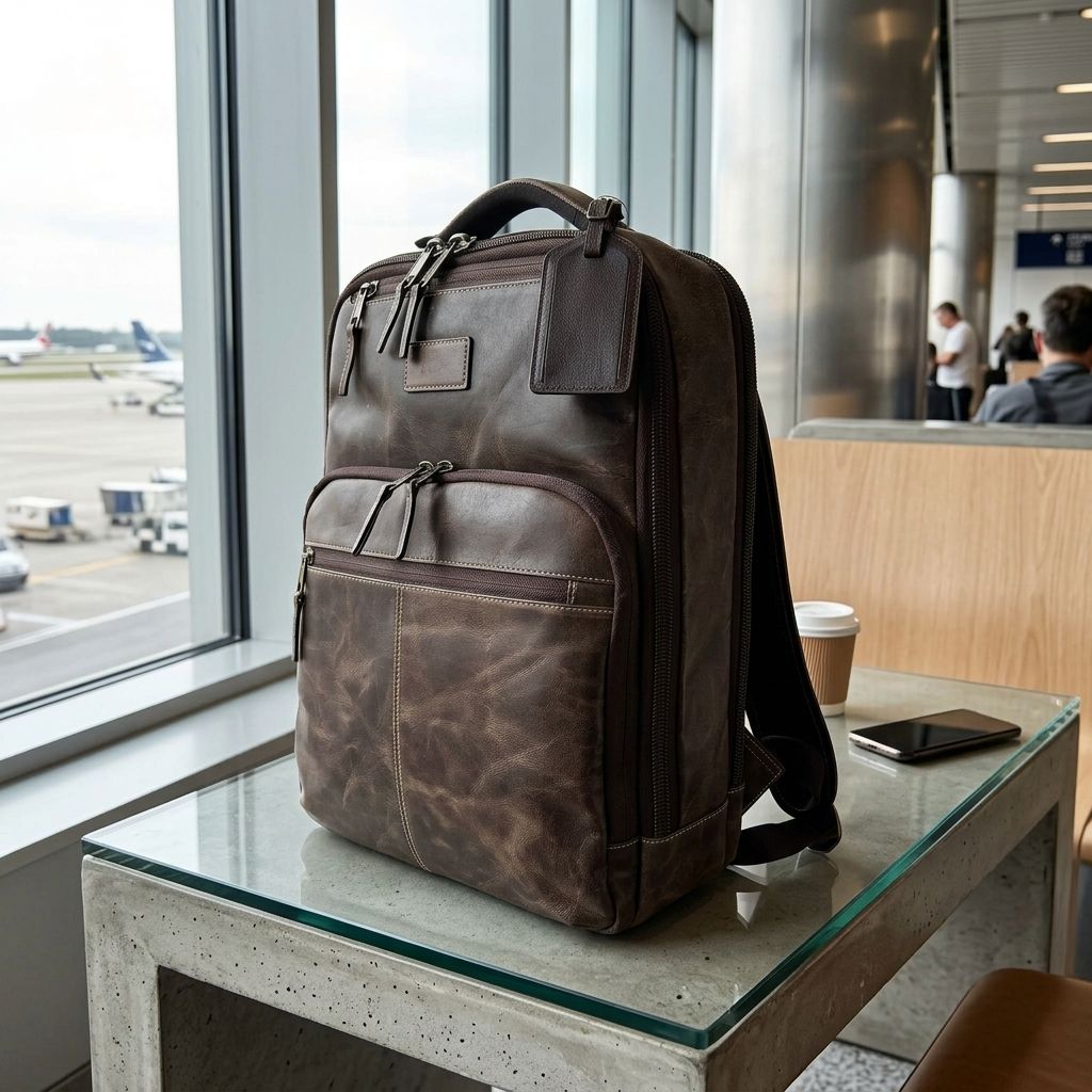 Crazy Horse leather backpack shown by a desk for work and travel use