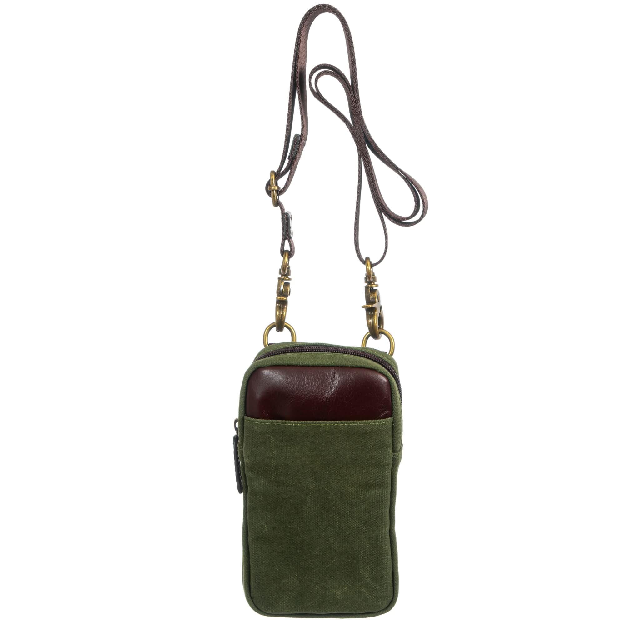 Front view of Maxwell waxed canvas phone case wallet with crossbody strap