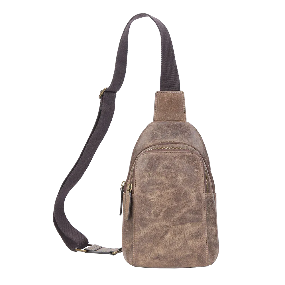 Brown Crazy Horse leather sling bag for men with adjustable crossbody strap