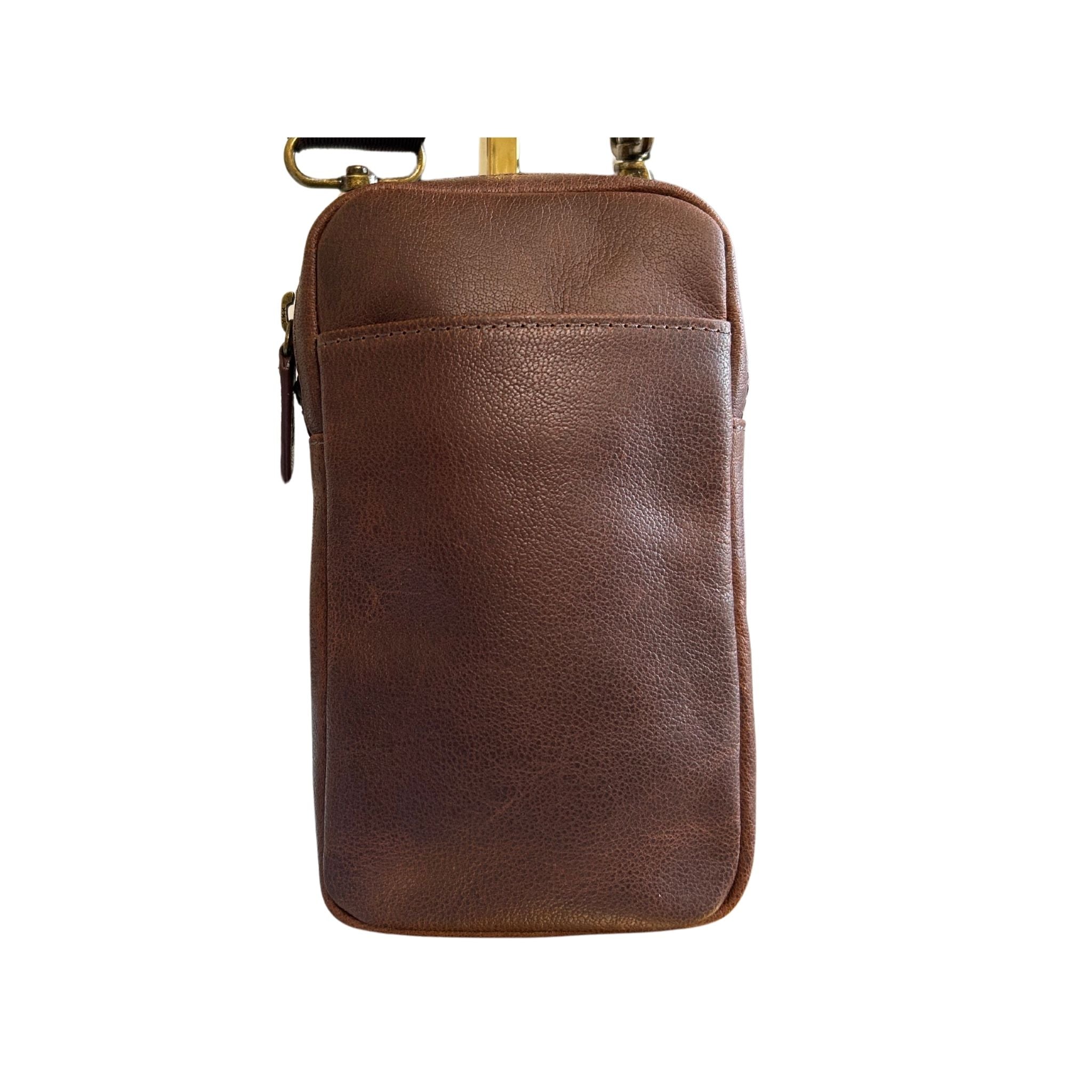 Full-grain leather phone crossbody bag with top zip closure