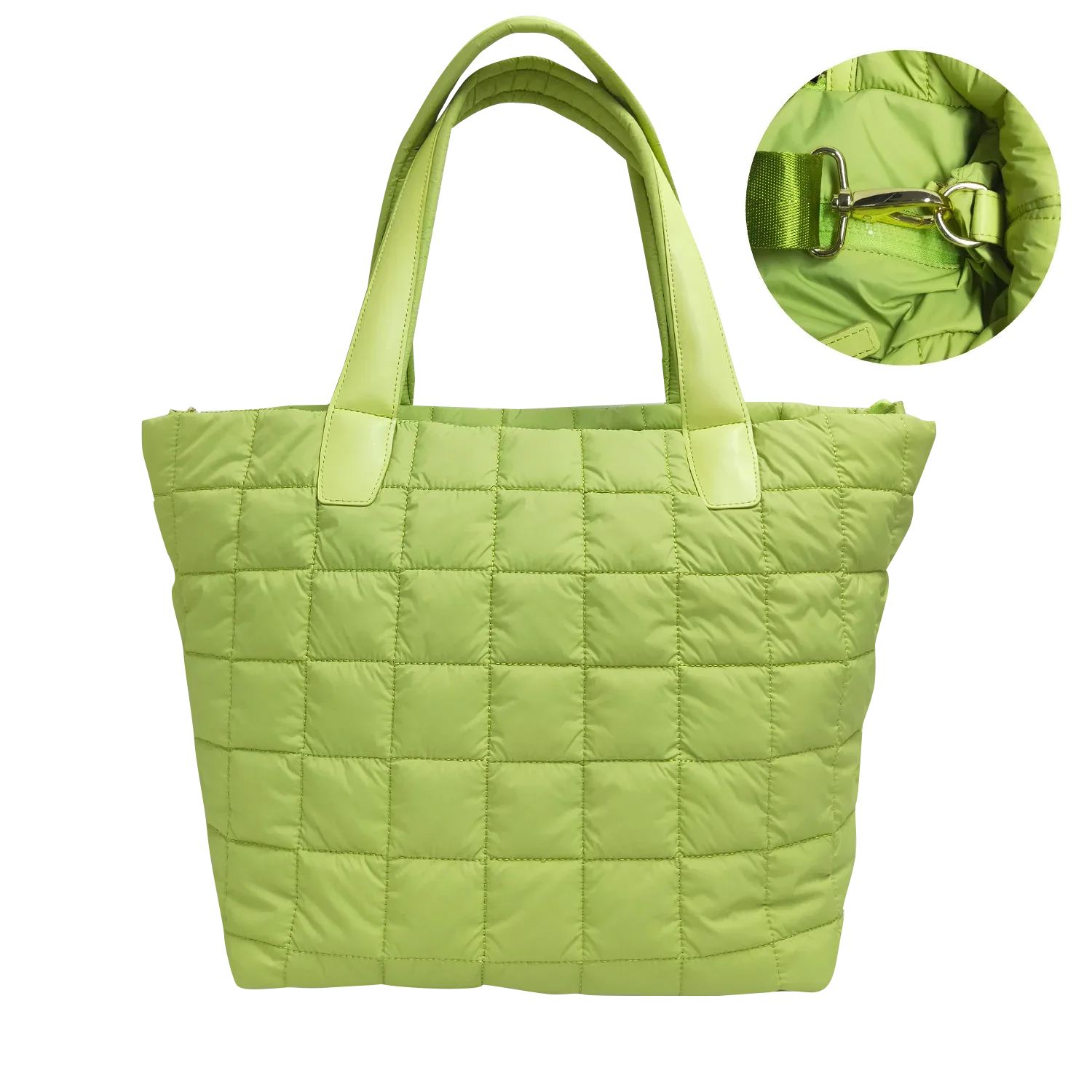 Green quilted nylon tote bag with optional shoulder strap