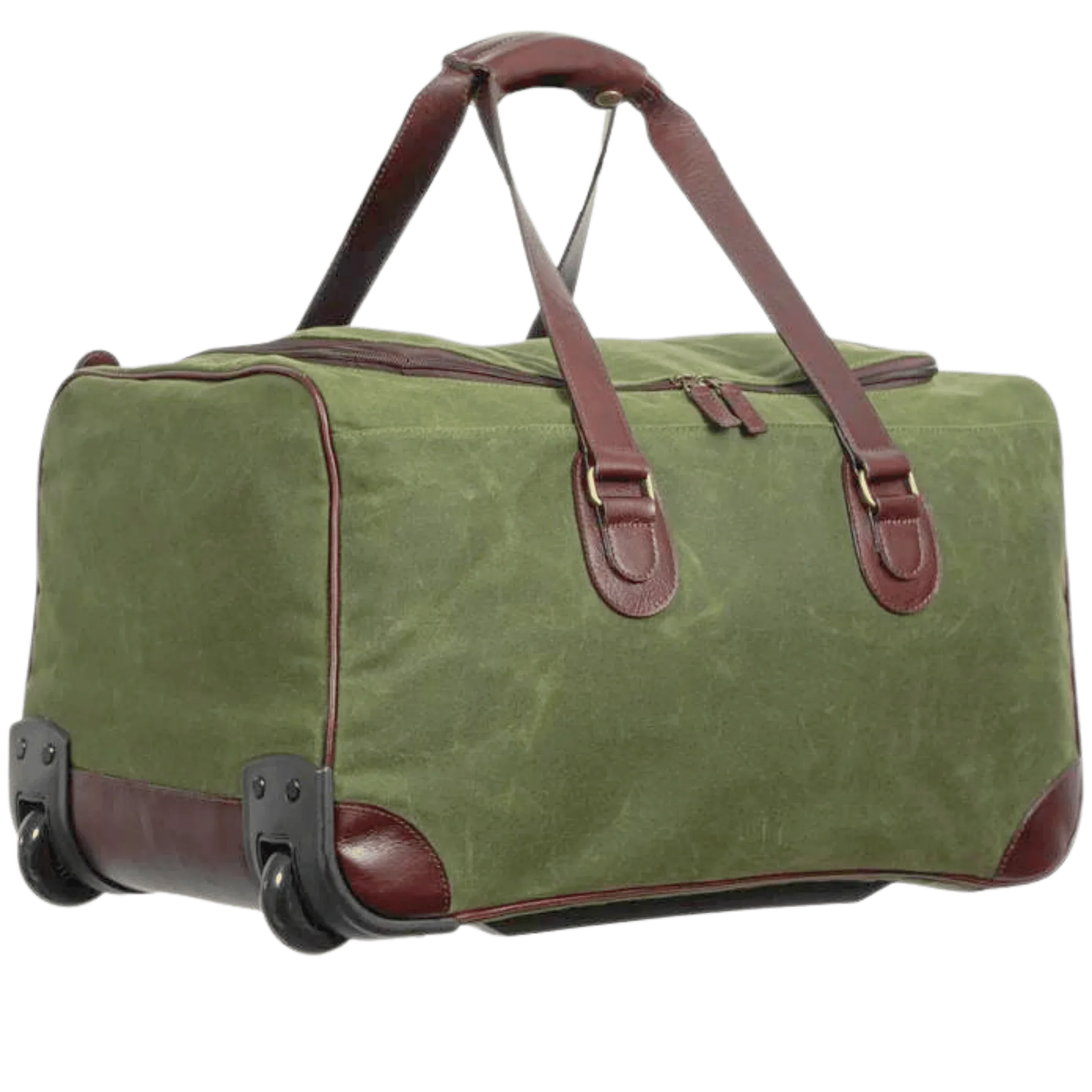 Maxwell waxed canvas rolling duffel bag with leather handles and wheels