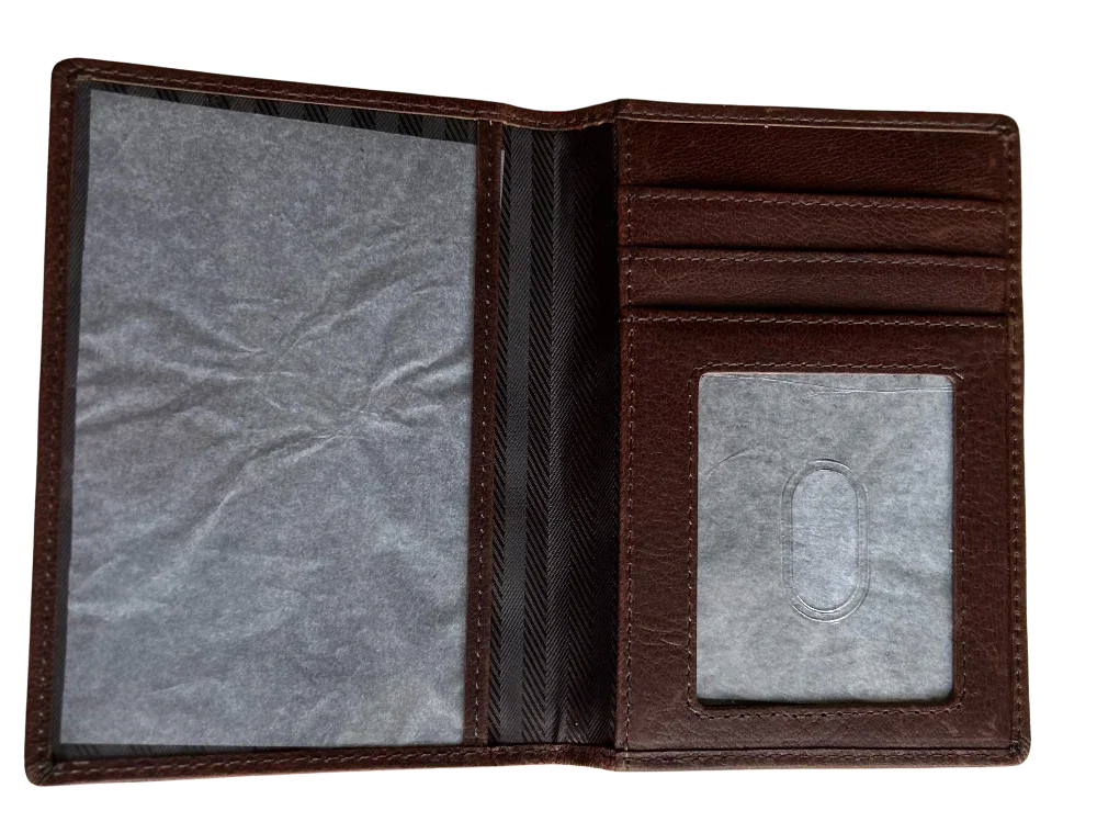 Interior of Cambridge leather passport cover with passport pocket and ID window