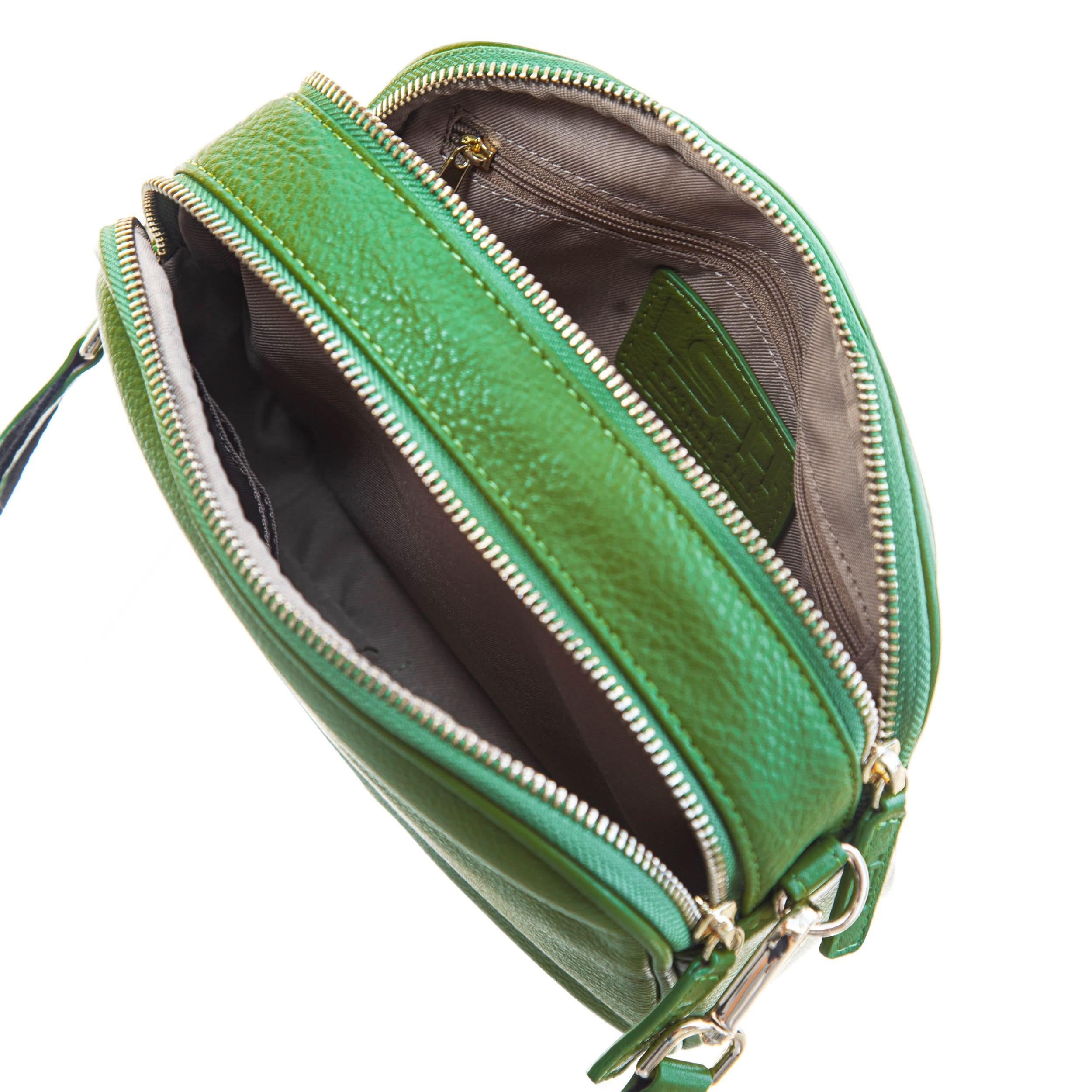 Open green Sophia leather crossbody bag showing interior compartments