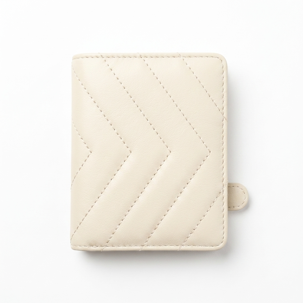 An ivory lambskin leather wallet with a quilted pattern