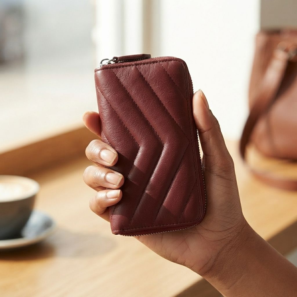 Life style of a burgundy quilted zip-around wallet