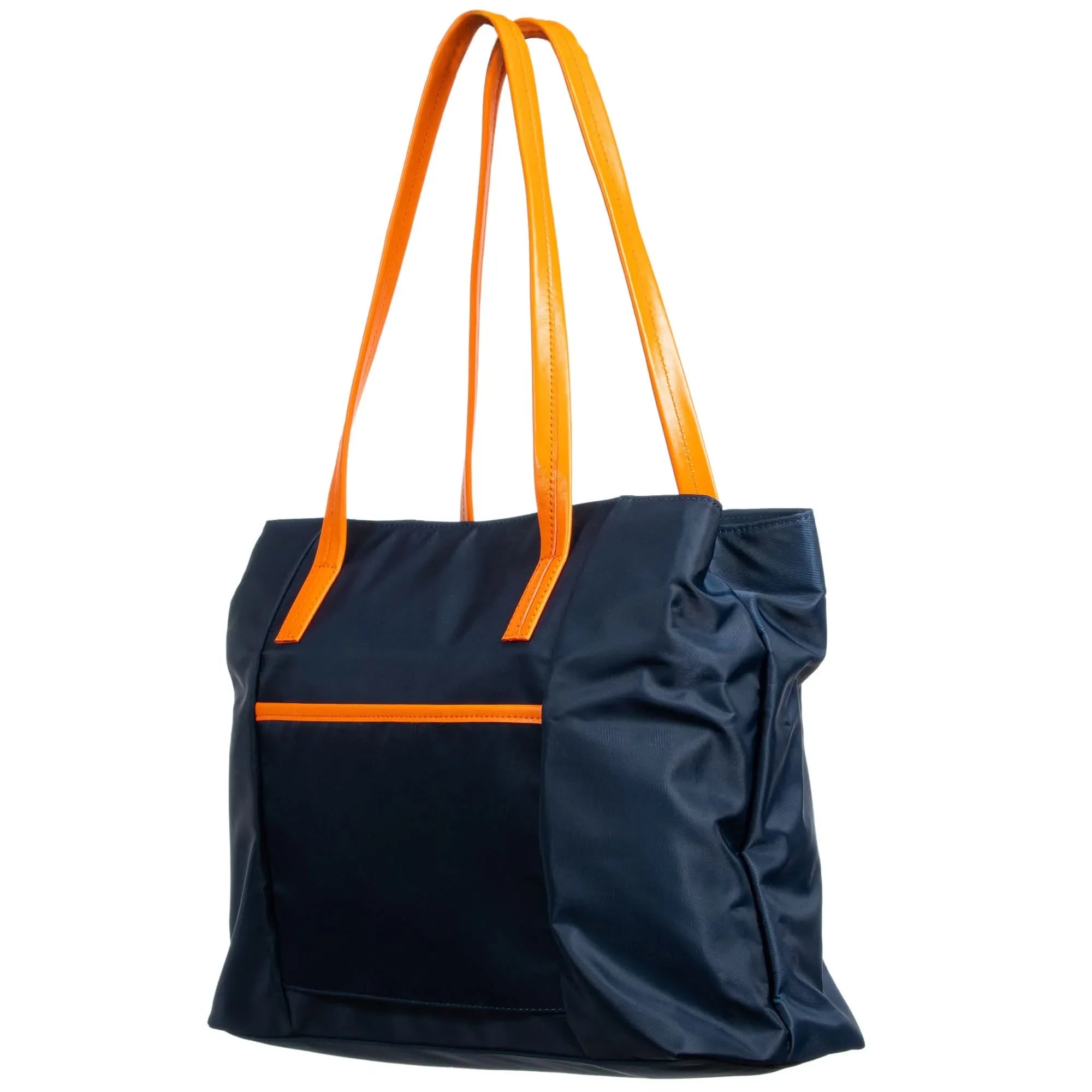 Lightweight 15 inch laptop tote bag for women in navy with orange leather trim