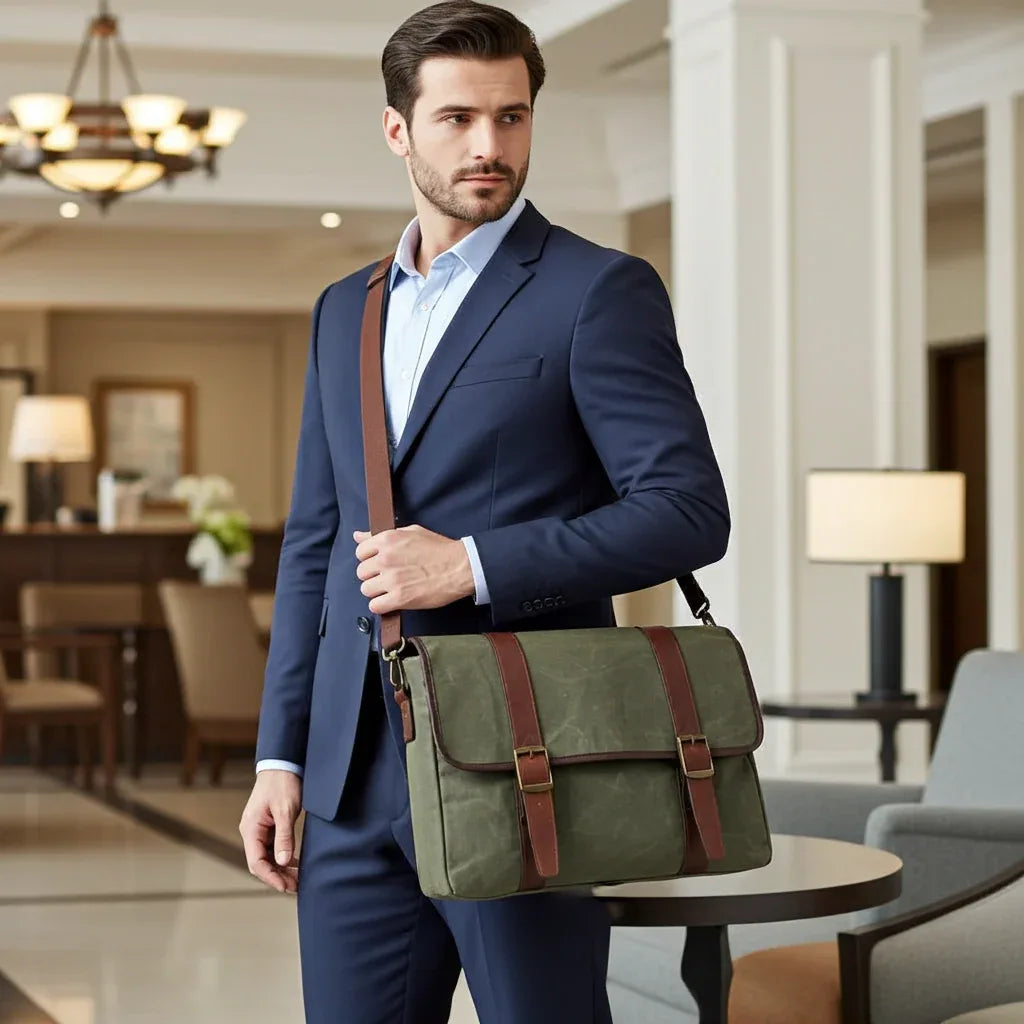 Man carrying Maxwell Classic waxed canvas messenger bag for work