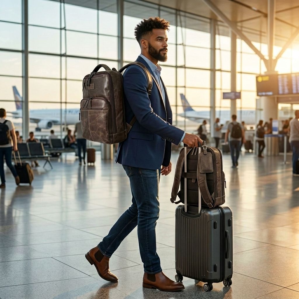 Man carrying brown leather backpack for business travel