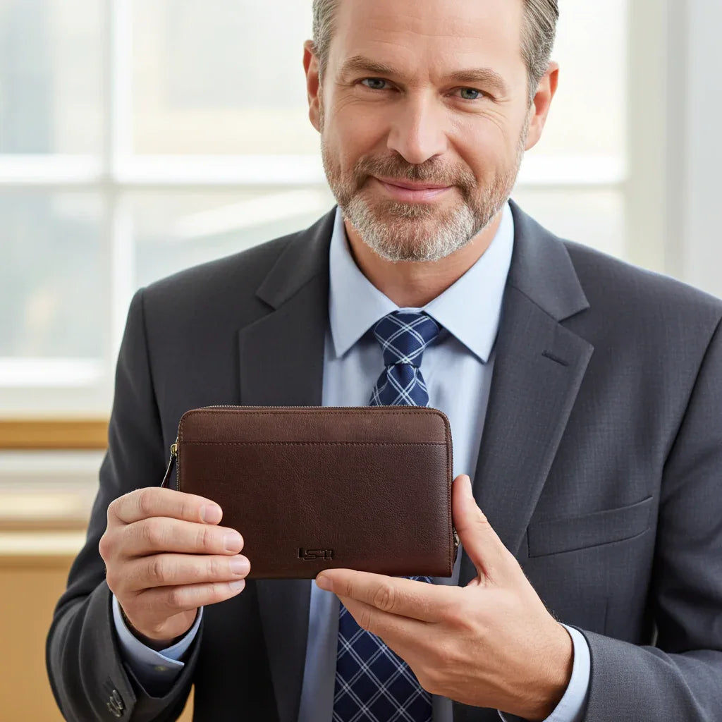 Man holding Cambridge leather double-zip wallet for business use