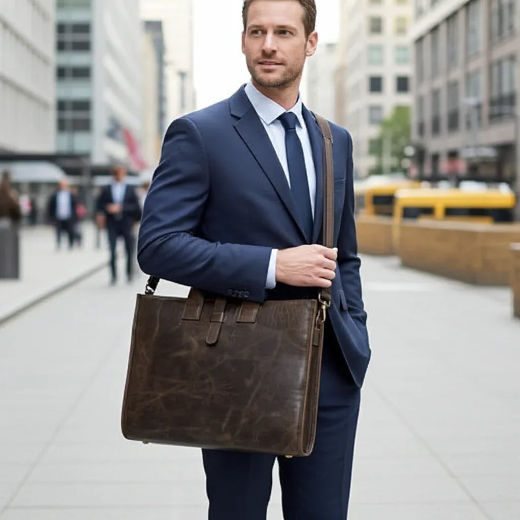 Man in a suit holding a brown leather briefcase on a city street.Shopify Collective